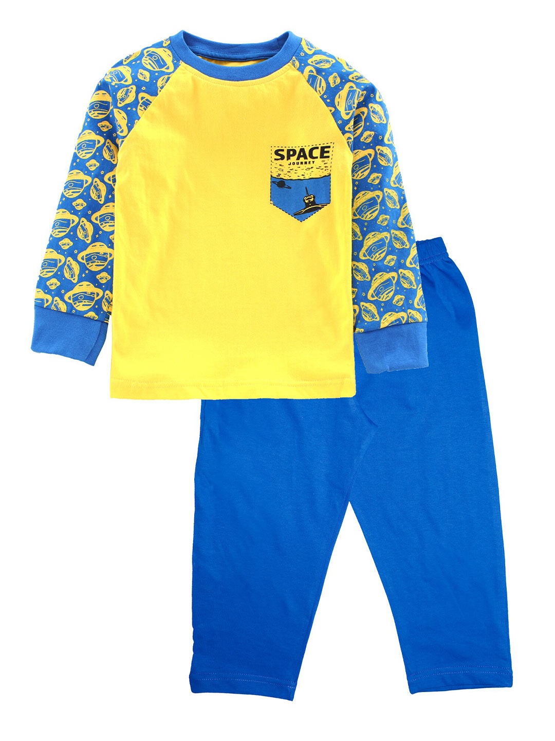 

KiddoPanti Boys Blue & Yellow Cotton Printed Night suit