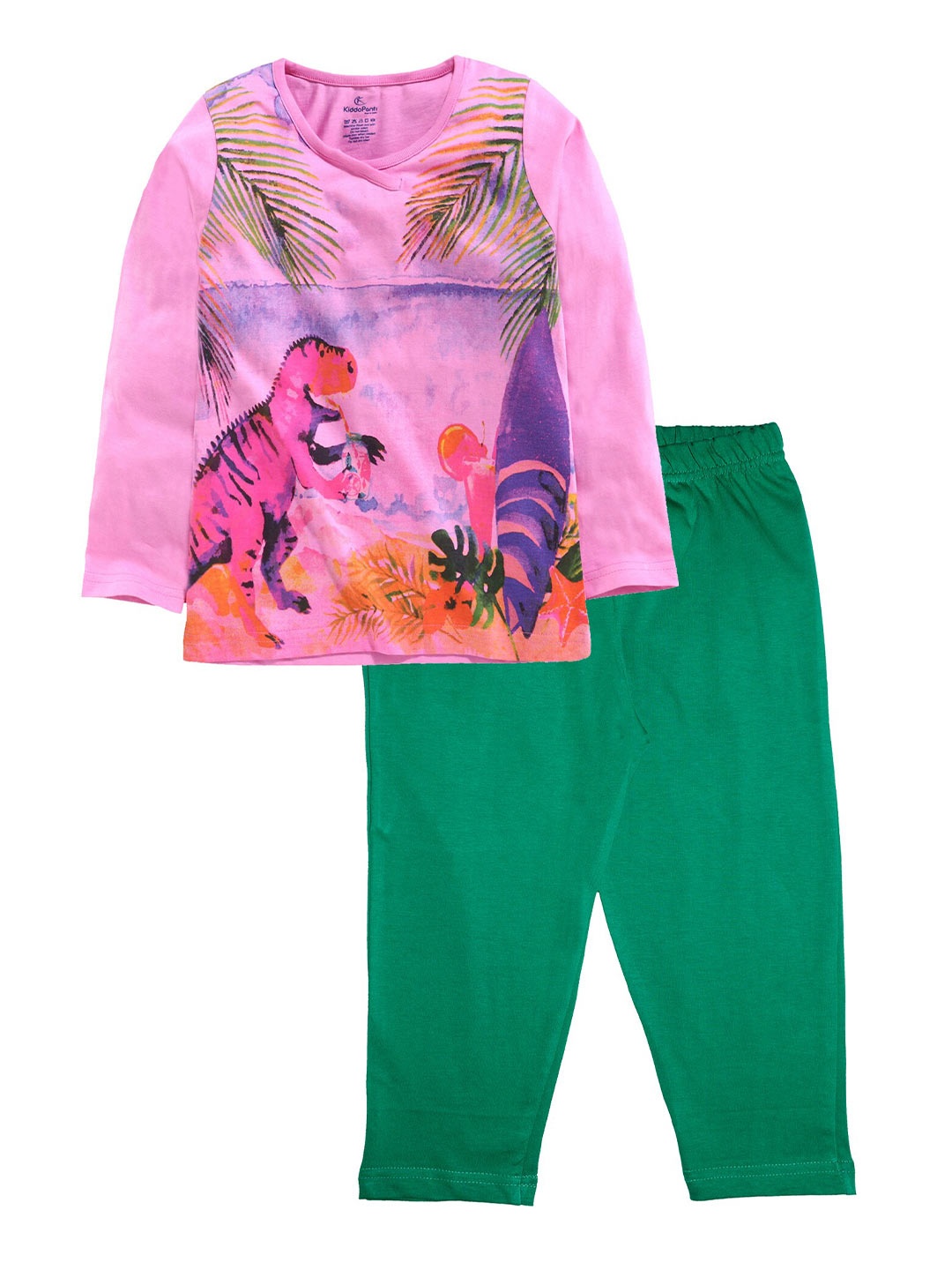 

KiddoPanti Girls Pink & Green Printed Night suit