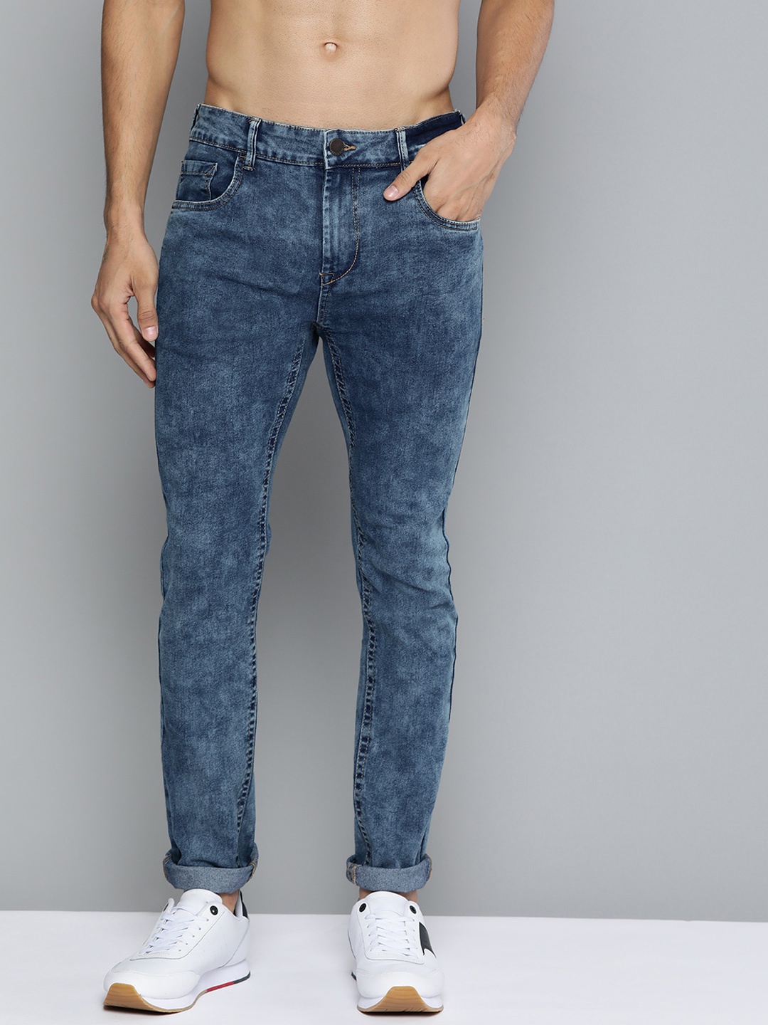 

HERE&NOW Men Navy Blue Skinny Fit Light Fade Acid Wash Stretchable Jeans