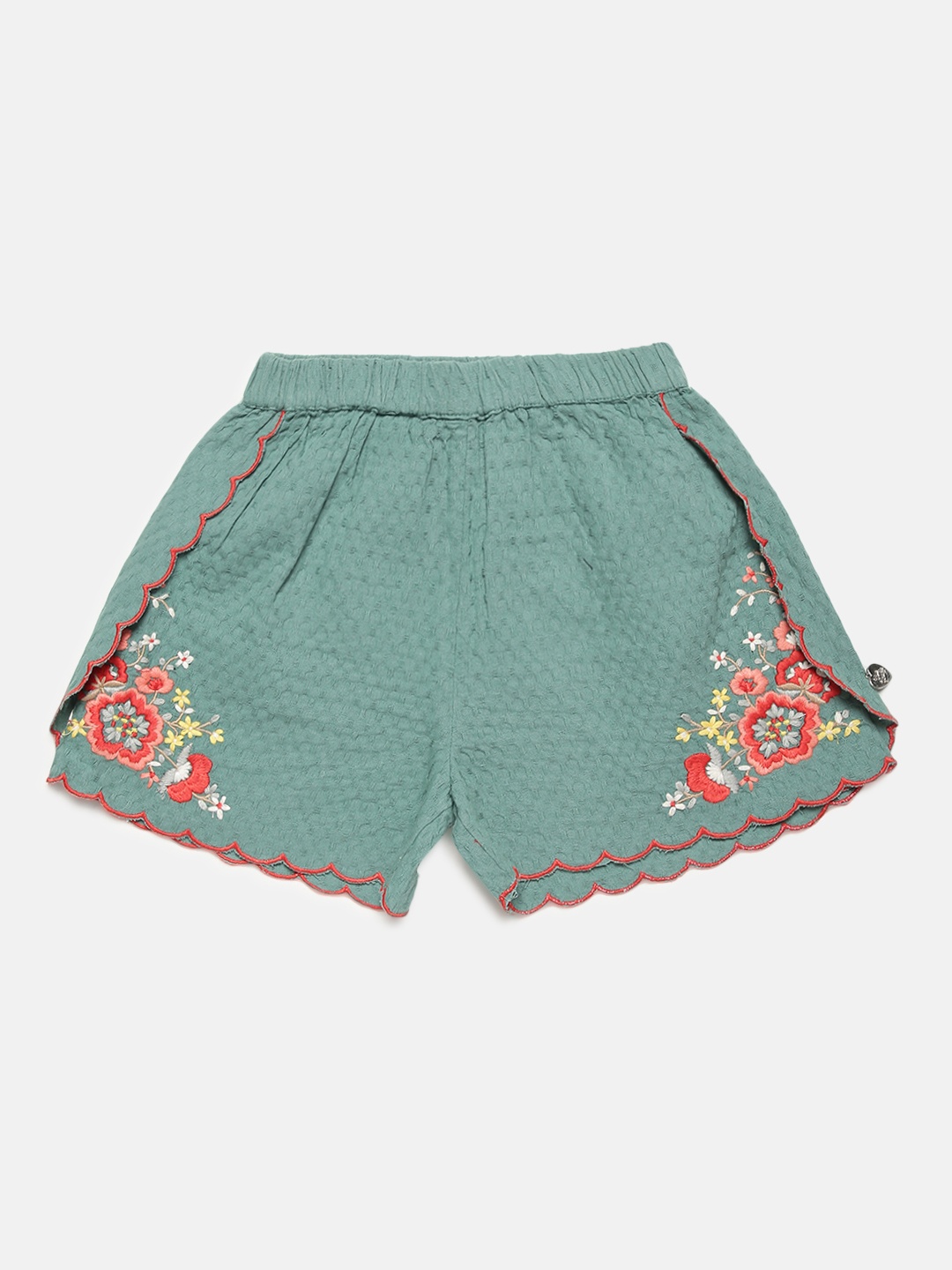 

Blue Giraffe Girls Green Self Design Regular Fit Regular Shorts