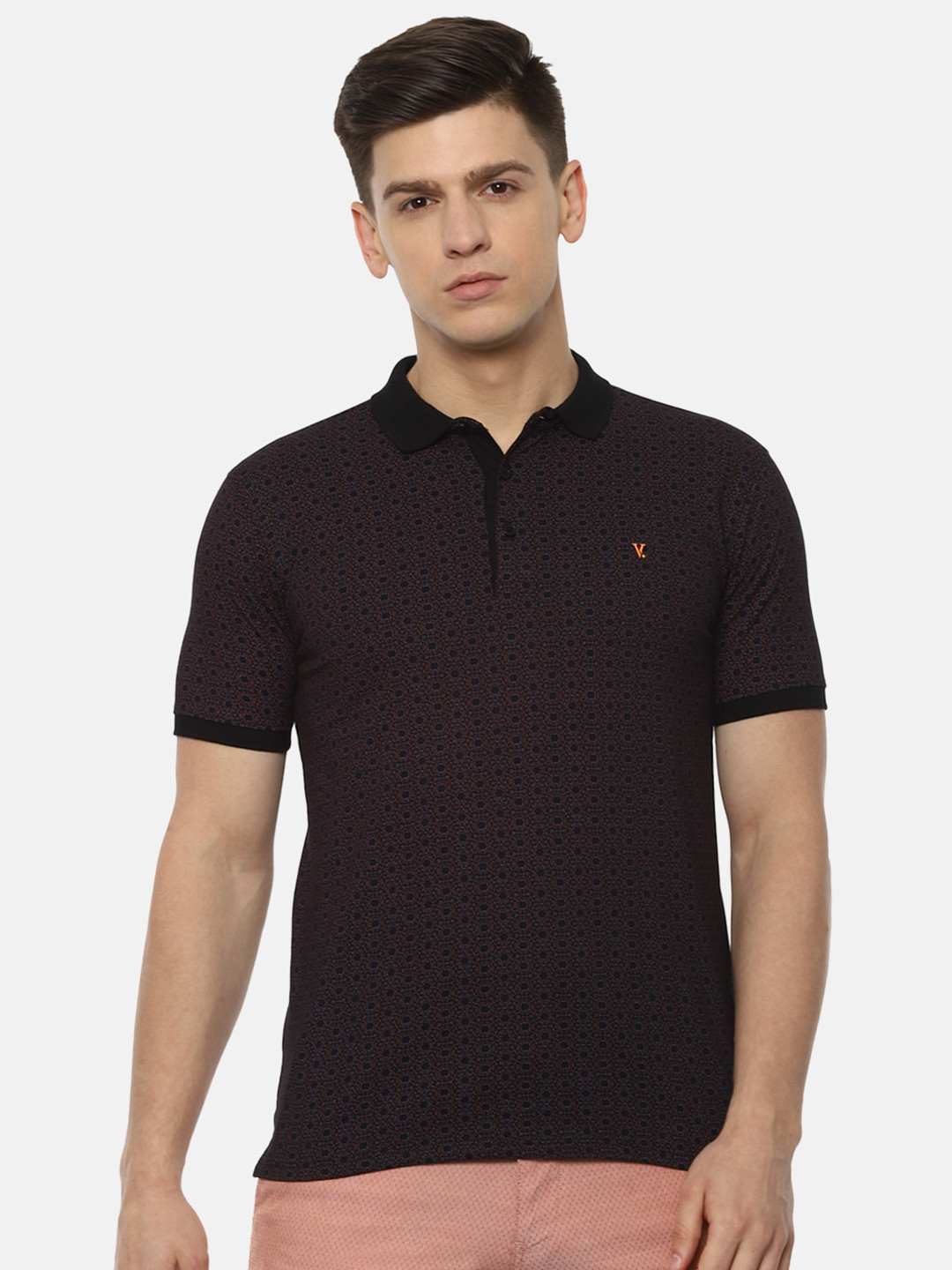 

V Dot Men Black Printed Polo Collar Pure Cotton T-shirt