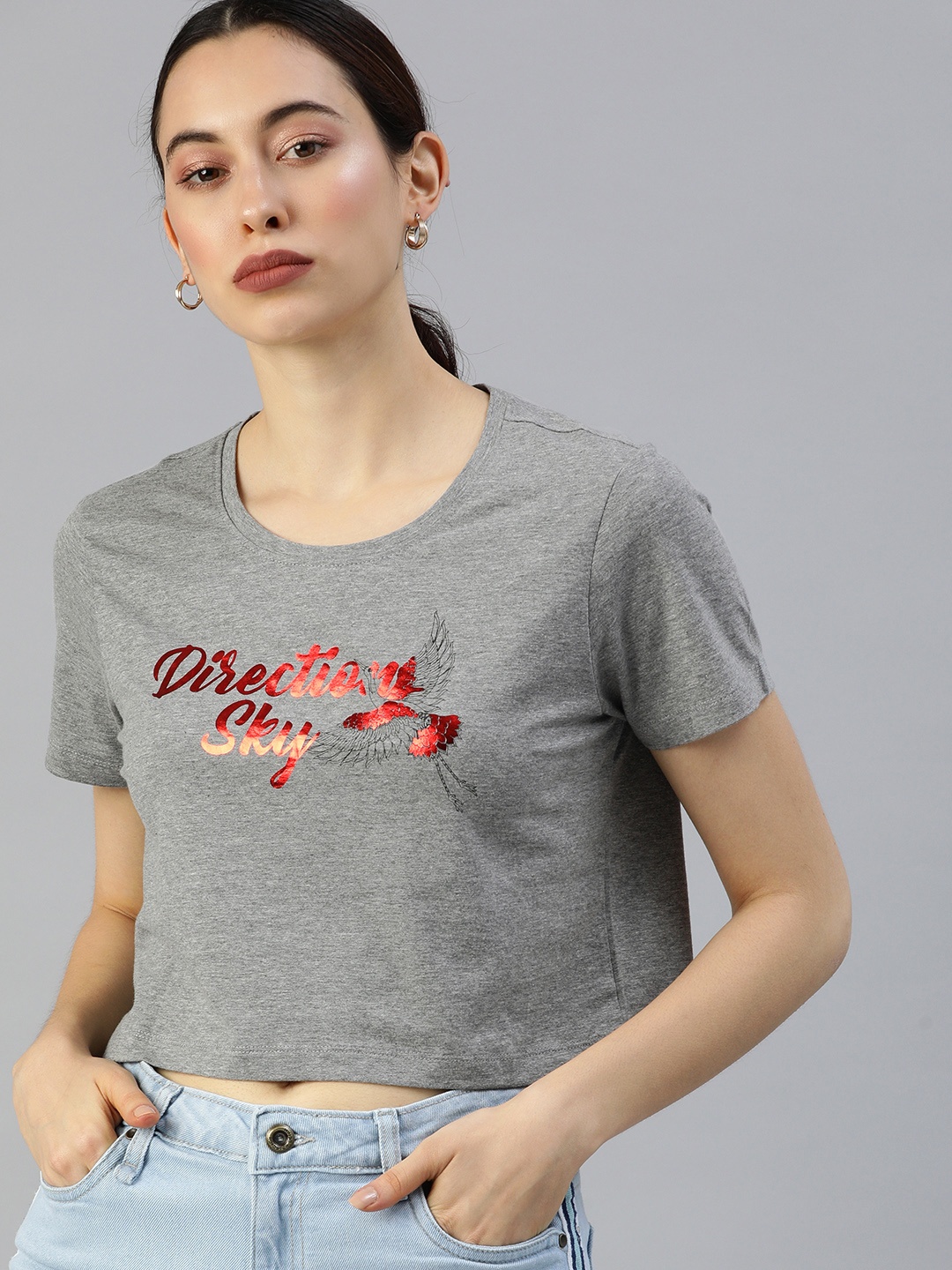 

SPYKAR Women Grey & Red Boxy Fit T-shirt