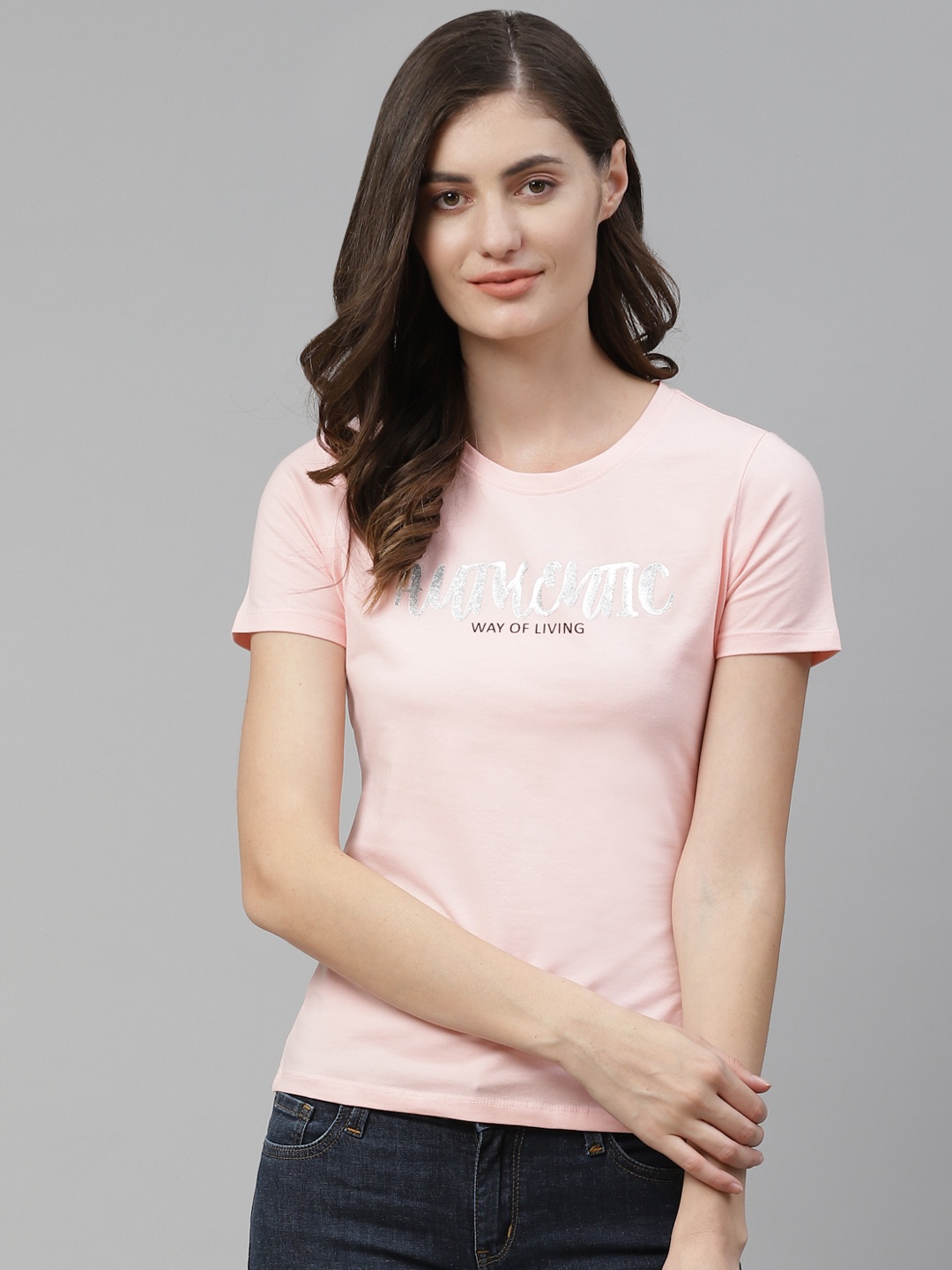 

SPYKAR Women Pink & Charcoal Grey Typography Printed T-shirt