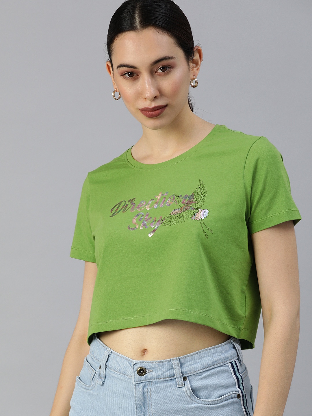 

SPYKAR Women Green & Gold-Toned Printed Boxy T-shirt