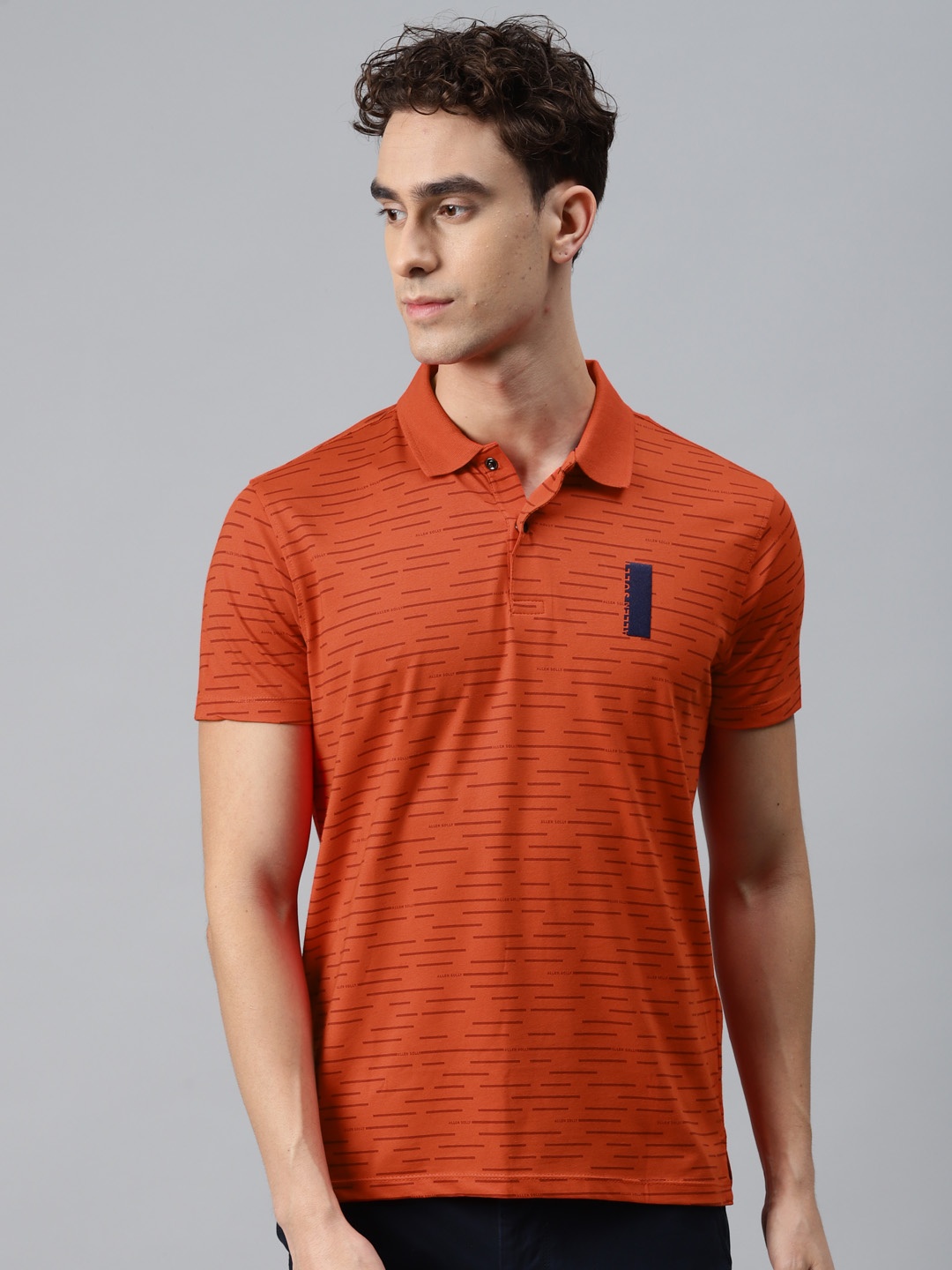 

Allen Solly Men Coral Red Geometric Print Polo Collar T-shirt