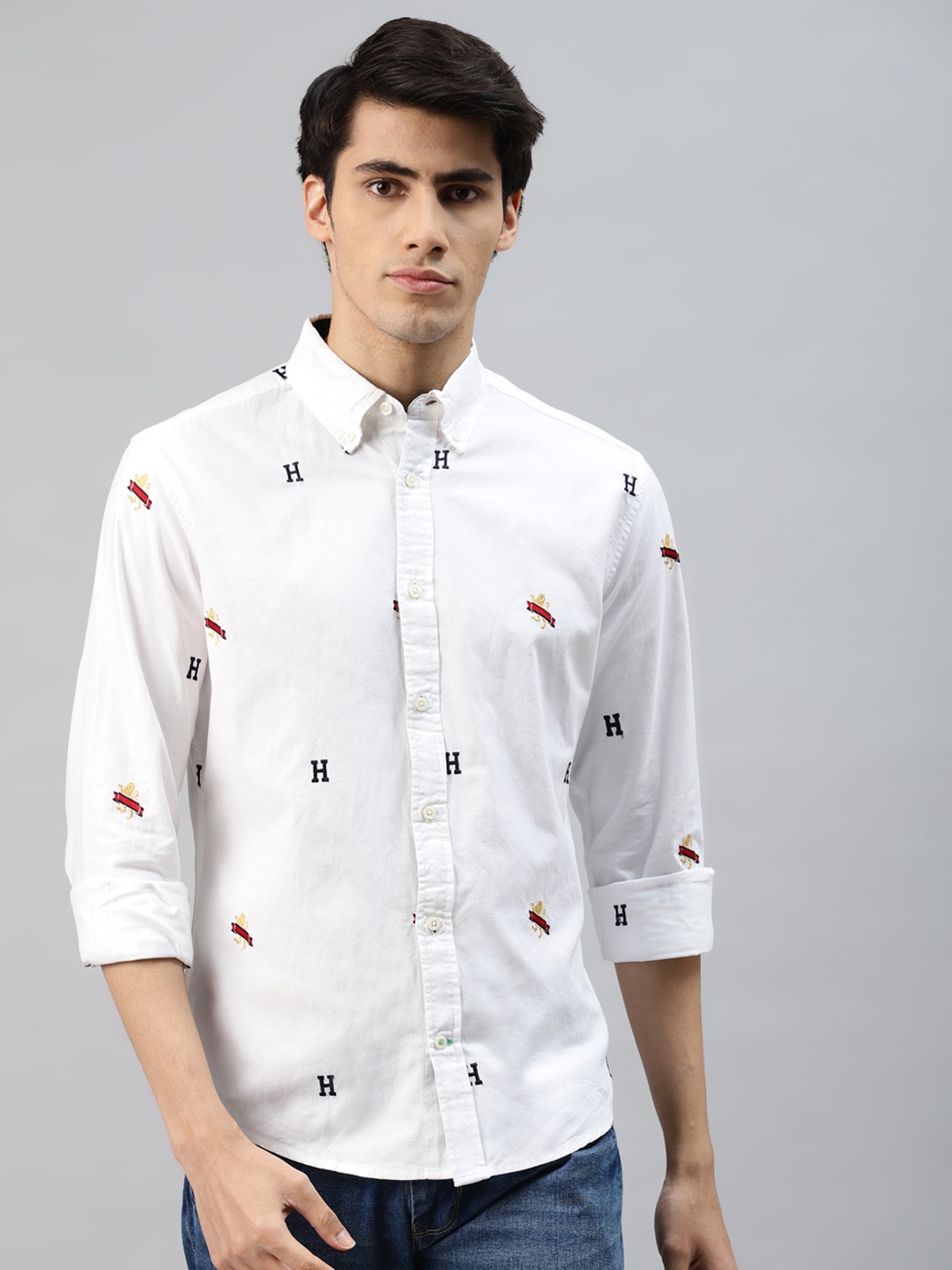 

Tommy Hilfiger Men White & Navy Blue Embroidered Pure Cotton Casual Shirt