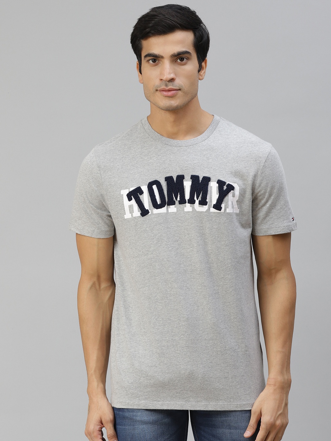 

Tommy Hilfiger Men Grey Melange Navy Blue Cotton Brand Logo Applique Pure Cotton T-shirt