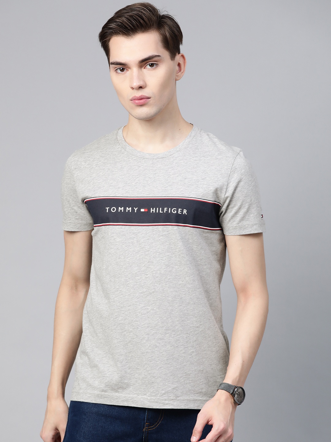 

Tommy Hilfiger Men Grey Melange Brand Logo Printed T-shirt