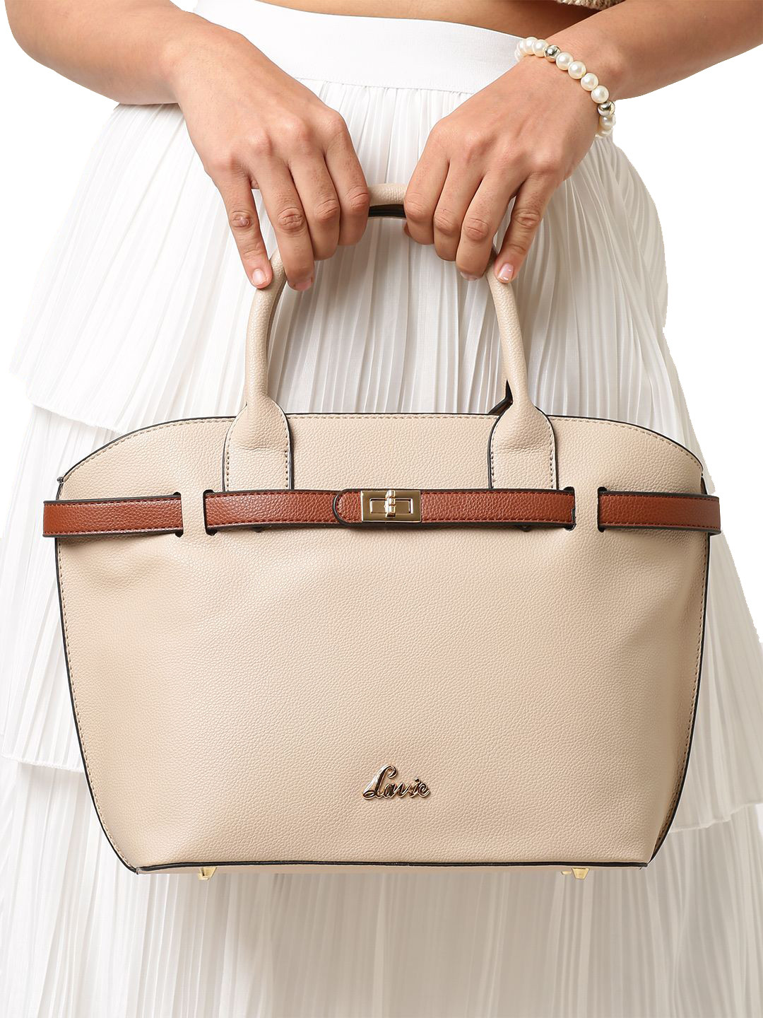 

Lavie Fallon Beige Solid Structured Handheld Bag