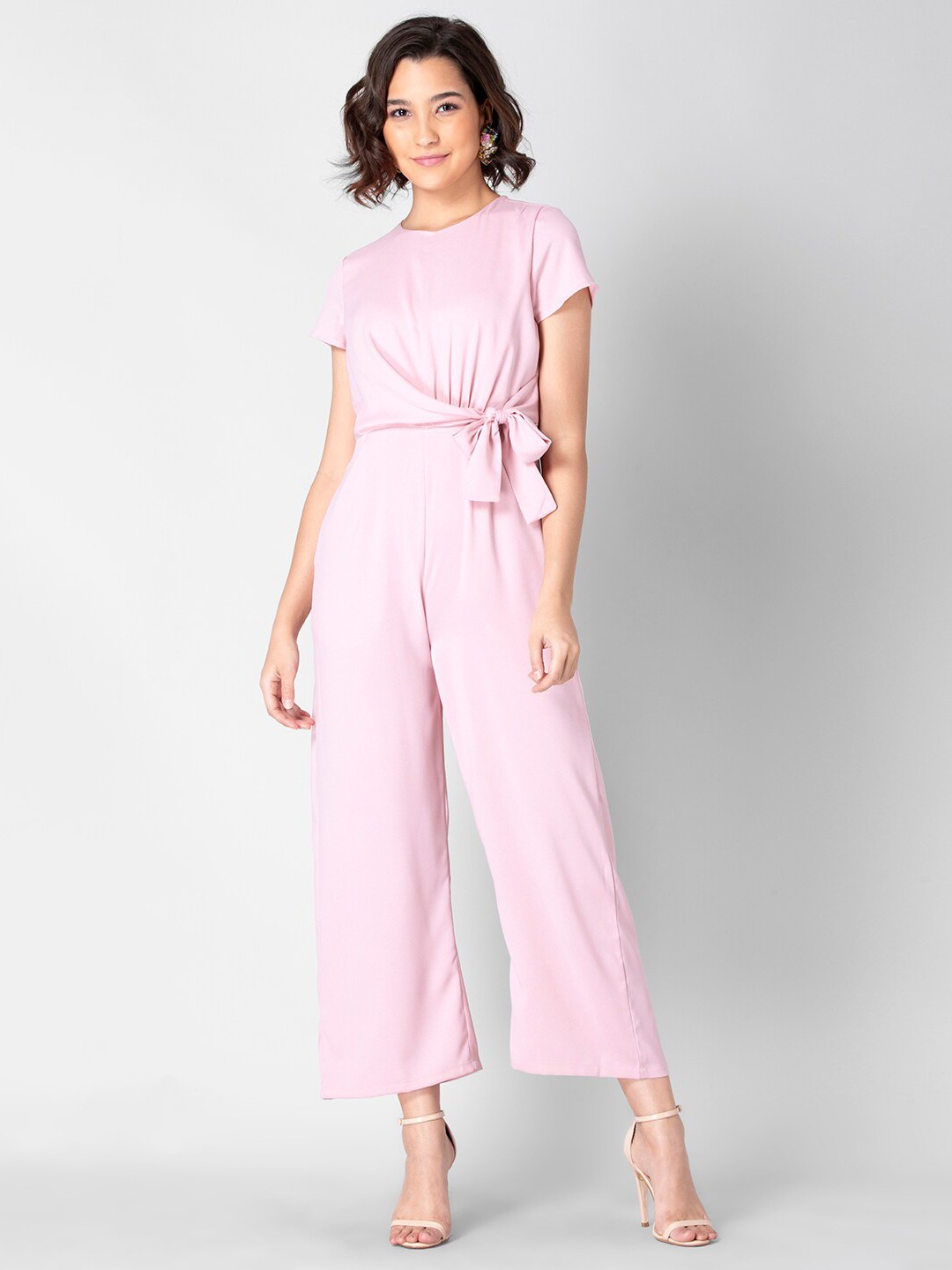 

FabAlley Women Pink Solid Tie Up Wrap Jumpsuit