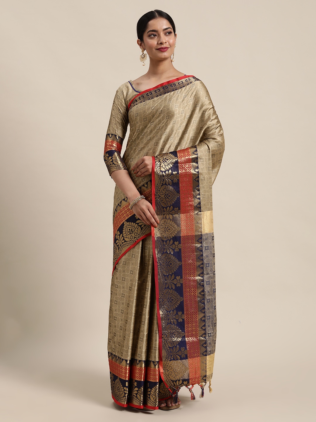 

Mitera Beige & Brown Printed Zari Silk Blend Banarasi Saree