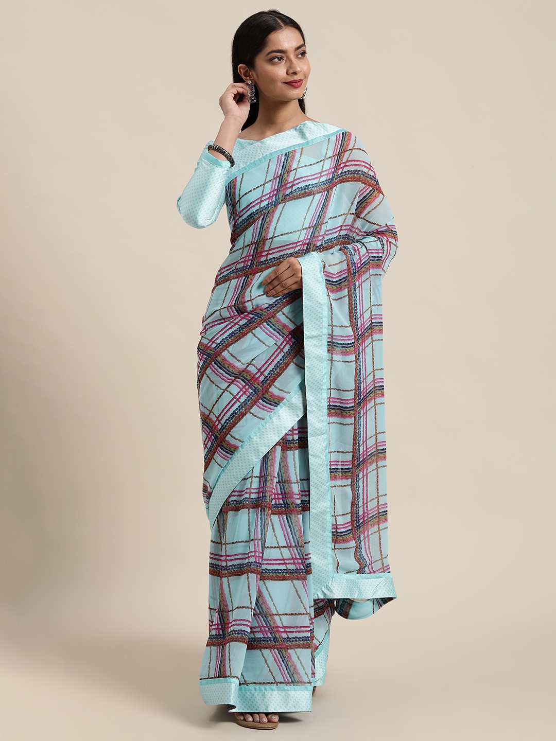 

Satrani Blue & Pink Checked Pure Georgette Printed Laced Saree With Unstitched Blouse