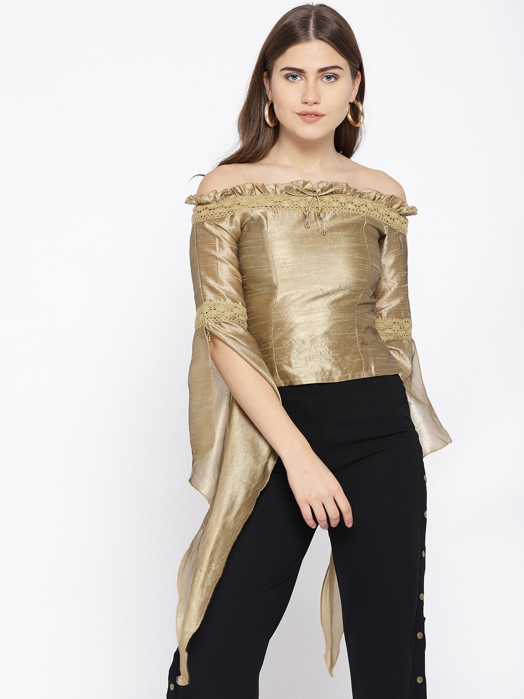 

Ira Soleil Golden Shimmer Off-Shoulder Flared Sleeves Bardot Top, Gold