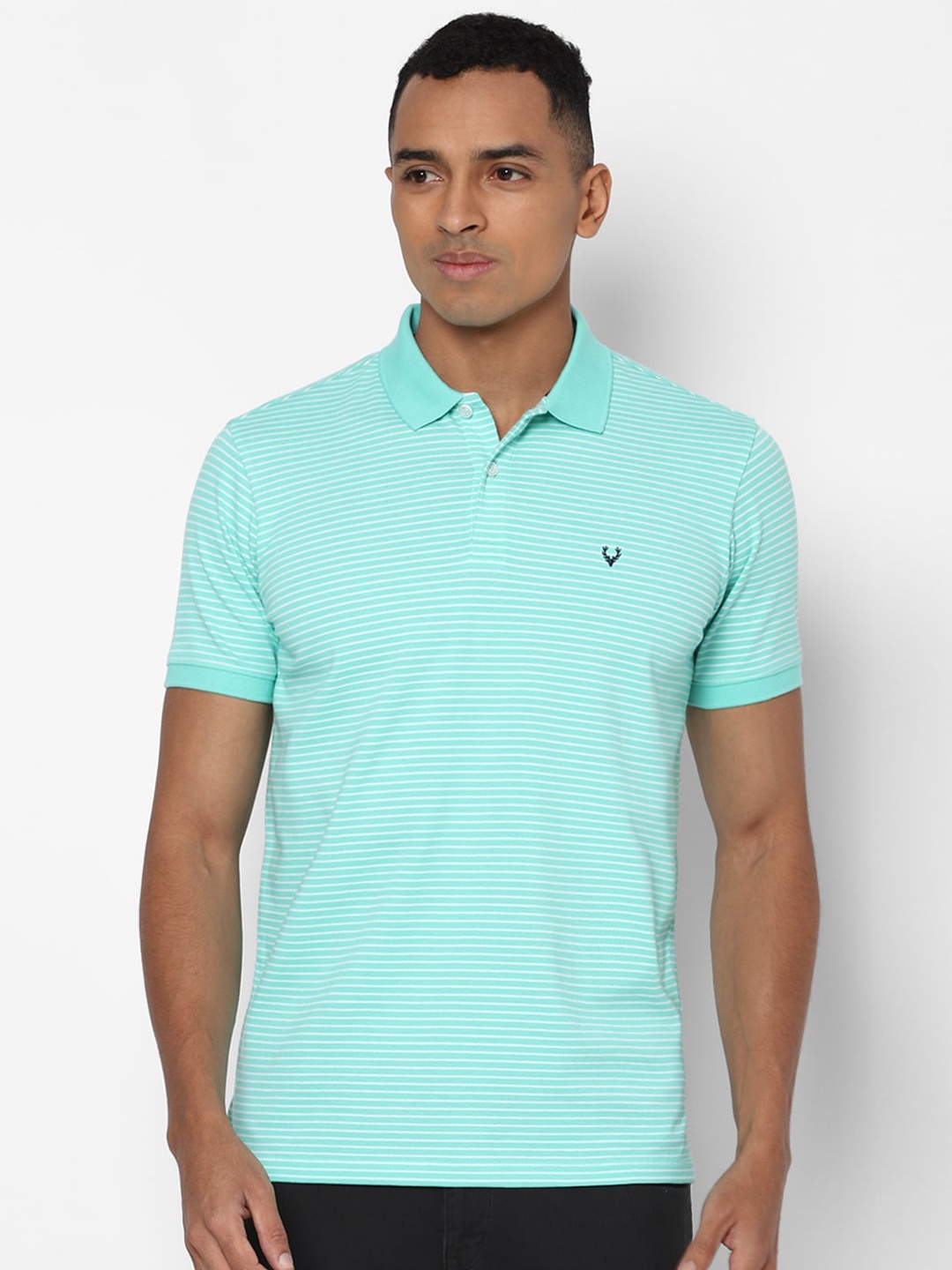 

Allen Solly Men Turquoise Blue White Striped Polo Collar Pure Cotton T-shirt