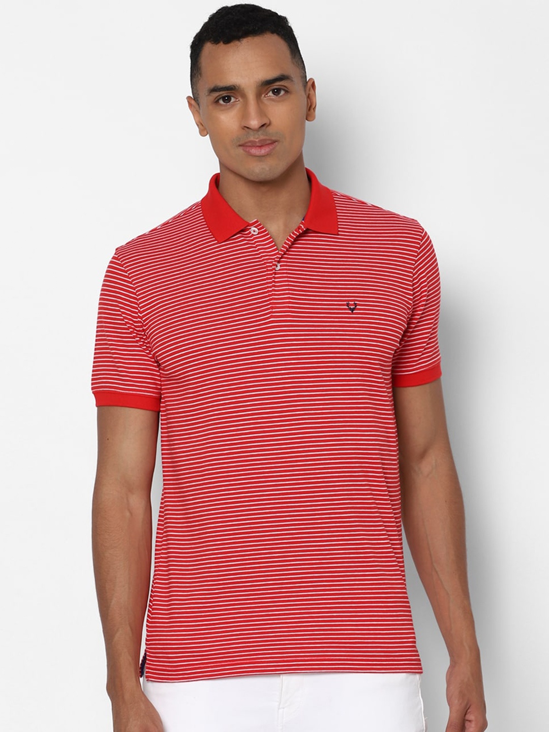 

Allen Solly Men Red White Striped Polo Collar Pure Cotton T-shirt