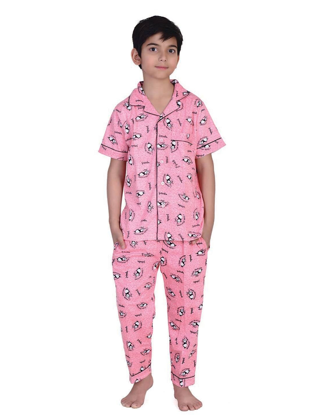 

Zoom Minimondo Unisex Kids Pink & Black Panda Printed Night Suit