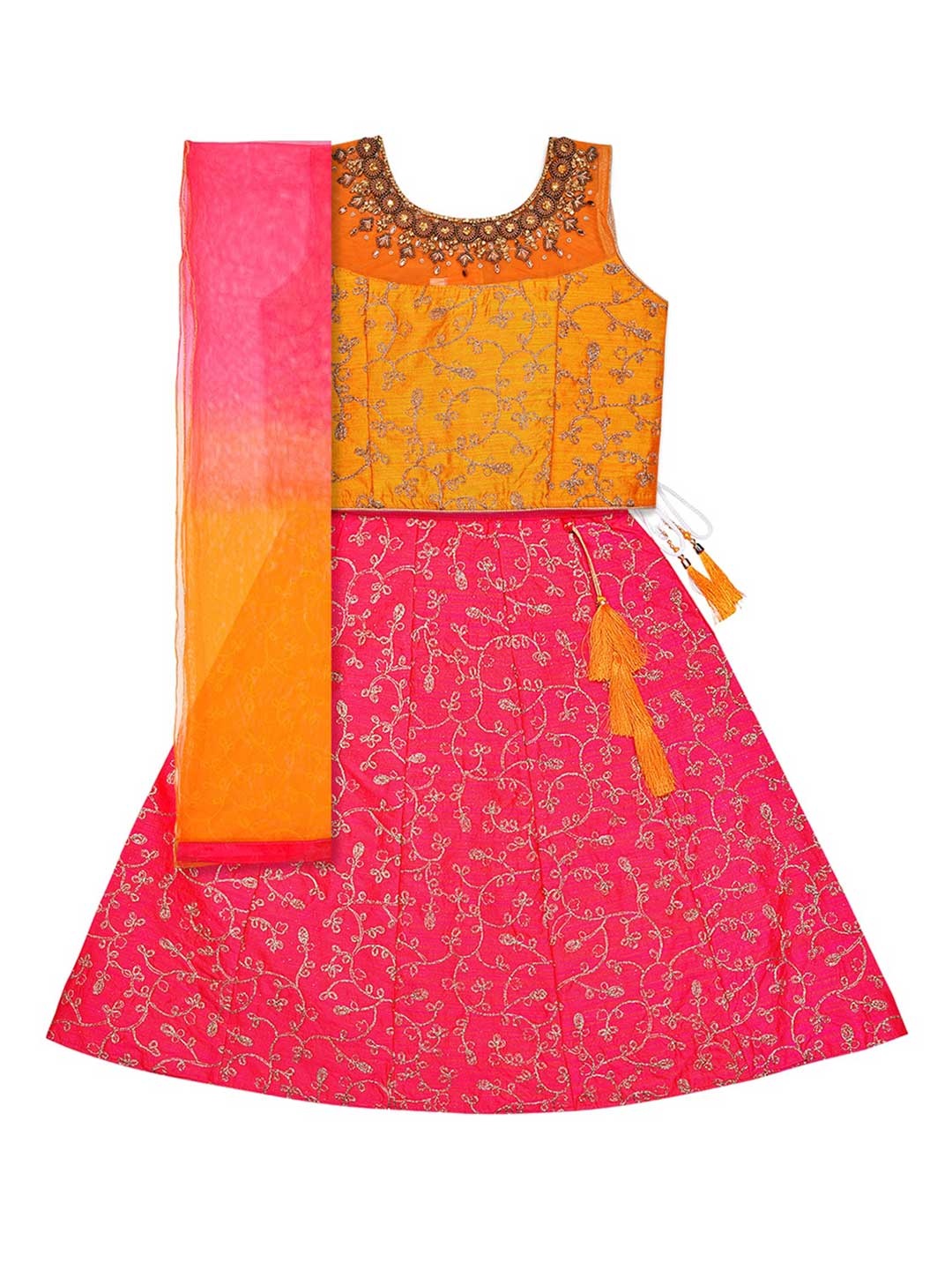 

Wish Karo Girls Yellow & Pink Embroidered Ready to Wear Lehenga & Blouse with Dupatta