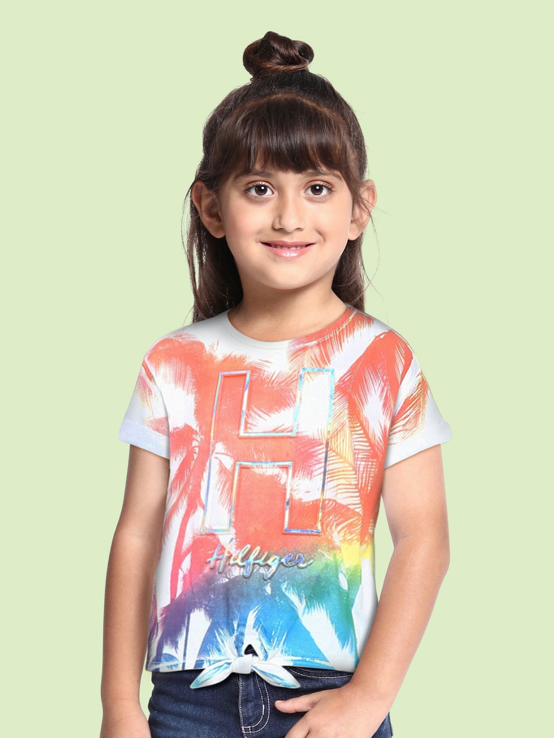 

Tommy Hilfiger Girls White & Orange Brand Logo & Tropical Print Cotton Top with Tie-Ups