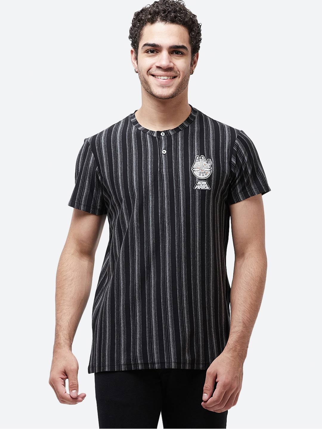 

Free Authority Men Black Grey Striped Star Wars Featured Henley Neck Pure Cotton T-shirt