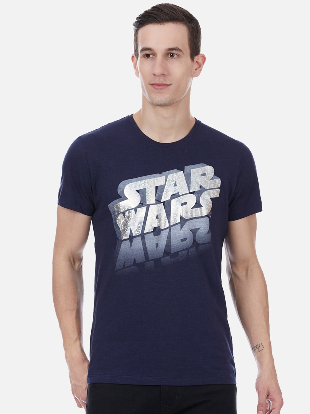 

Free Authority Men Navy Blue Printed Star Wars Round Neck Pure Cotton T-shirt