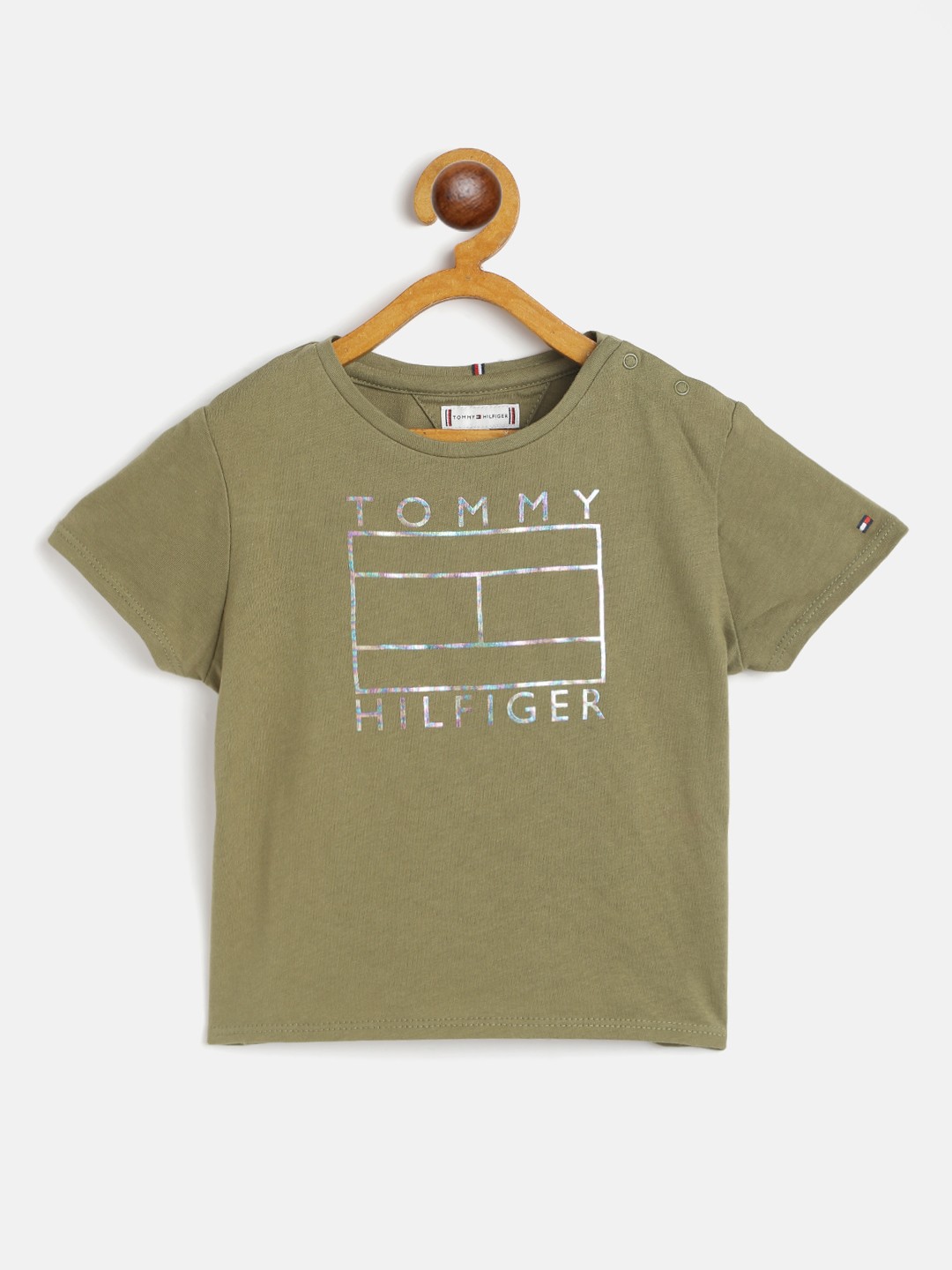 

Tommy Hilfiger Girls Olive Green Cotton Brand Logo Printed T-shirt
