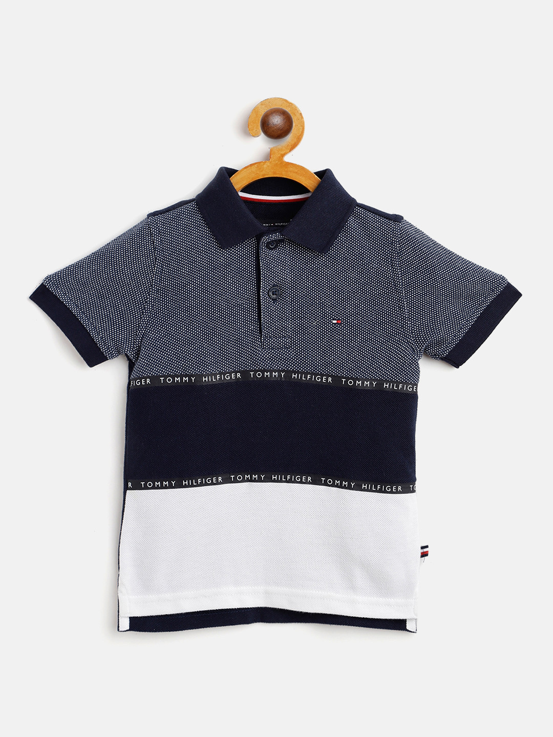 

Tommy Hilfiger Boys Navy Blue & White Cotton Colourblocked Polo Collar T-shirt
