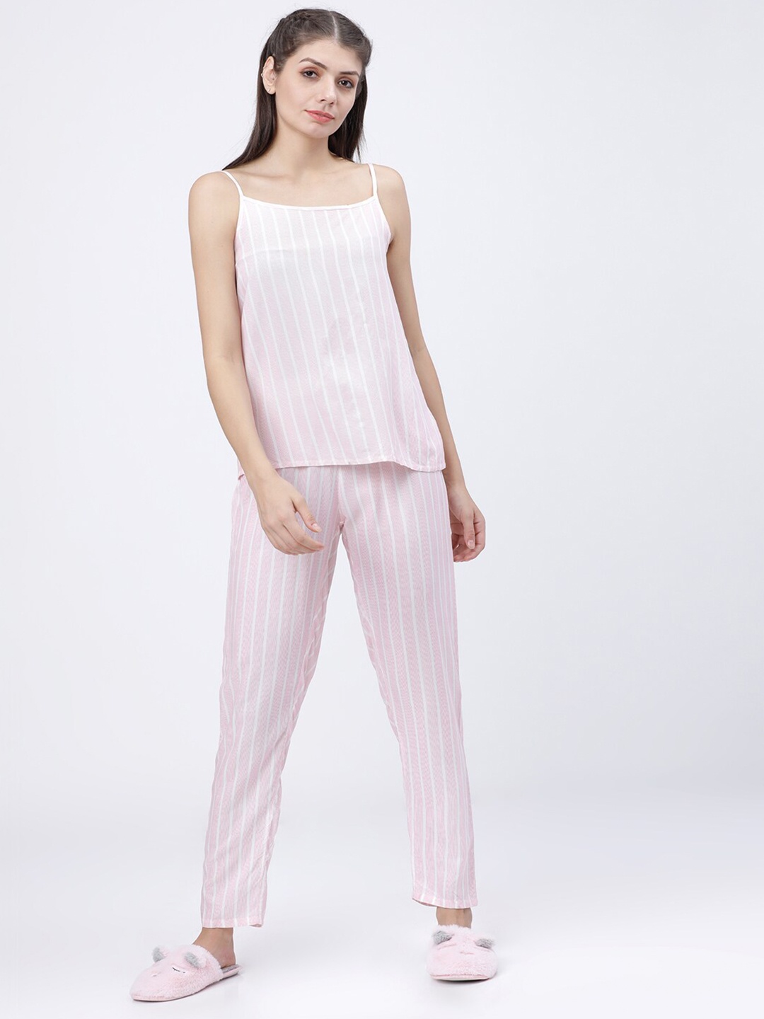 

Tokyo Talkies Women Pink & White Striped Night suit