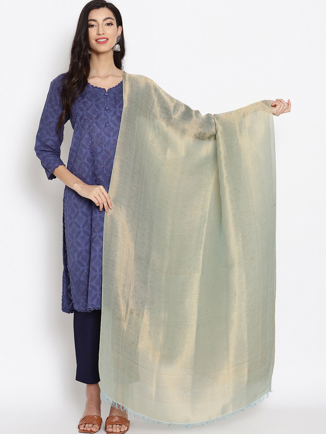 

SHINGORA Blue & Gold-Toned Woven Design Dupatta