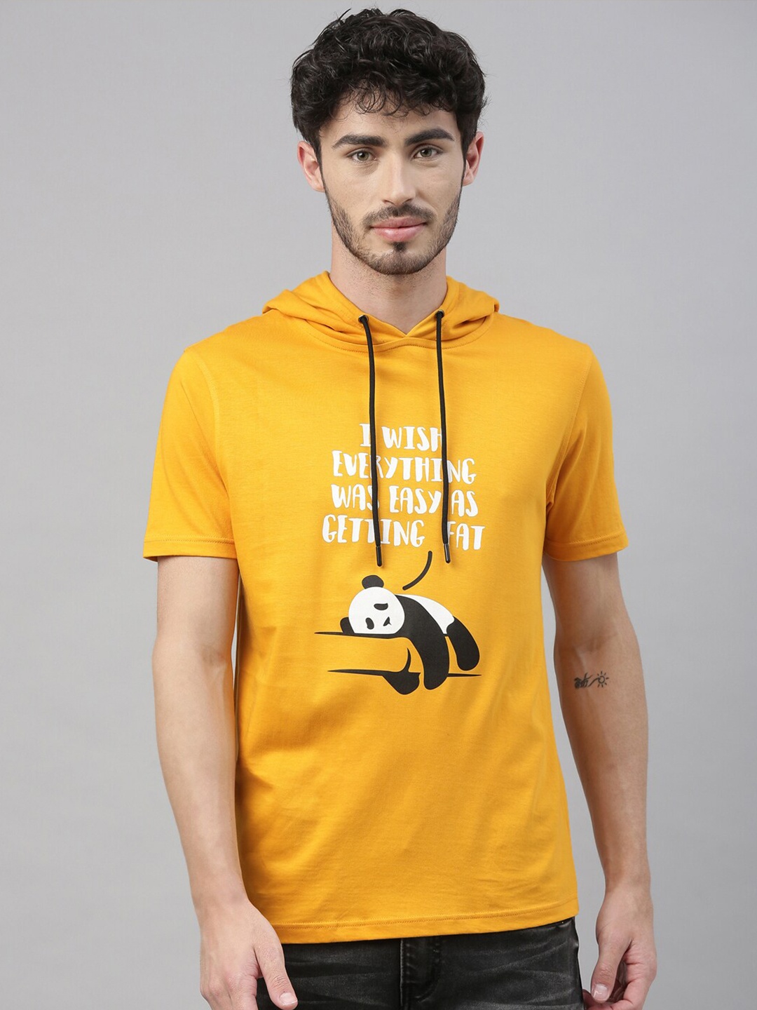 

Bushirt Men Mustard Yellow Printed Hooded T-shirt