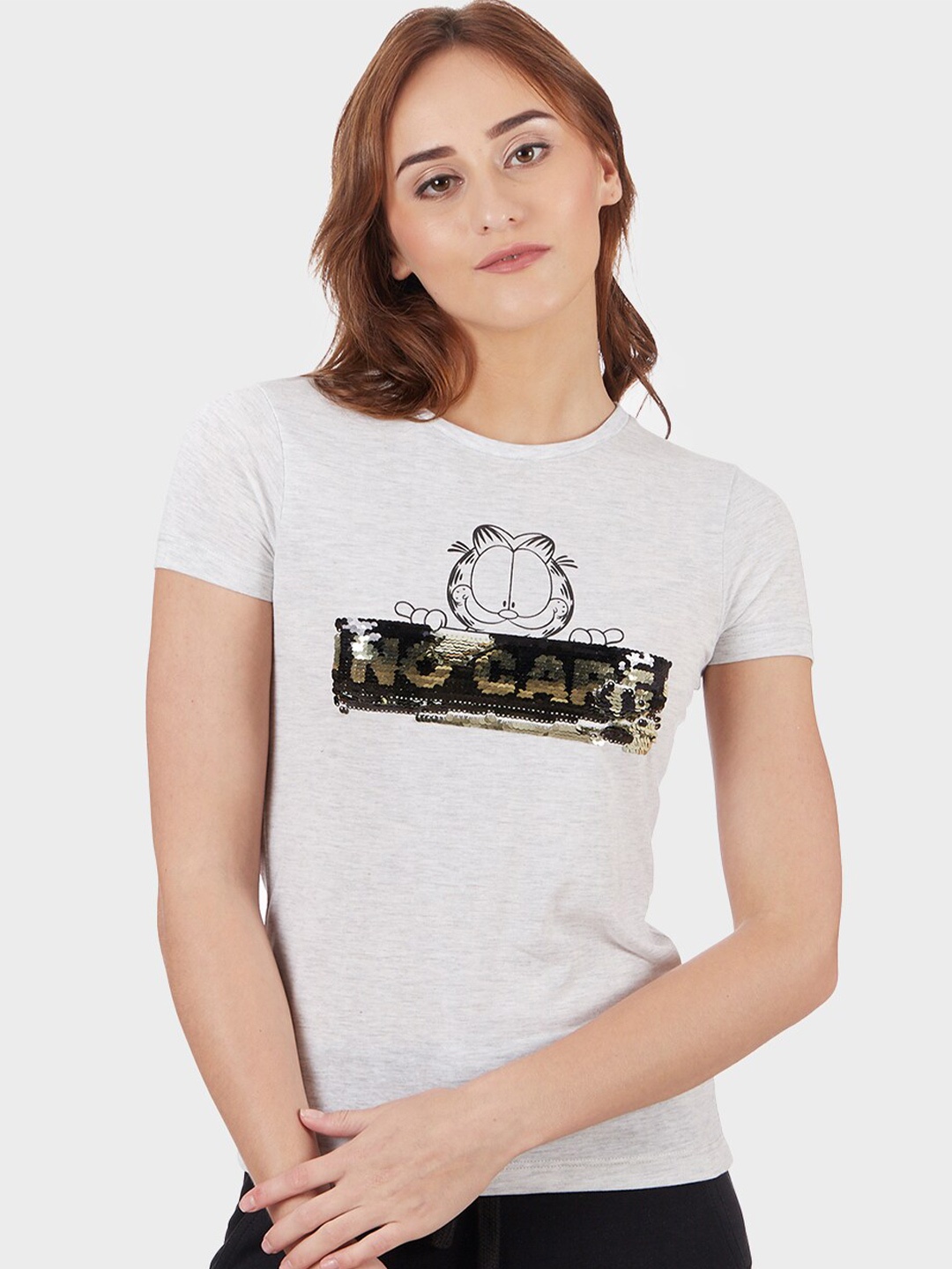 

Free Authority Women Grey Printed Garfield Flip Sequined Cotton T-shirt