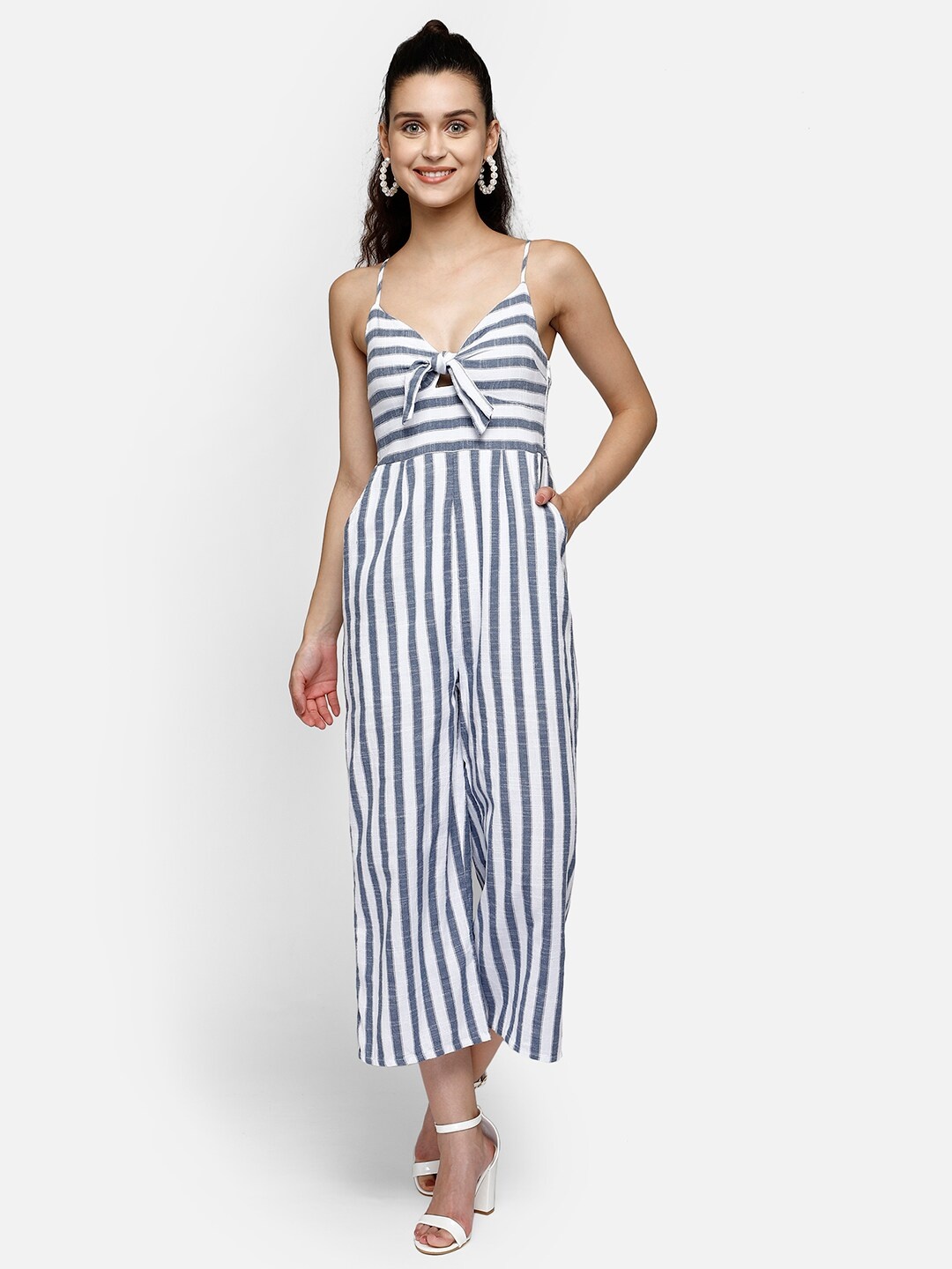 

Aditi Wasan Women White & Grey Striped Basic Jumpsuit