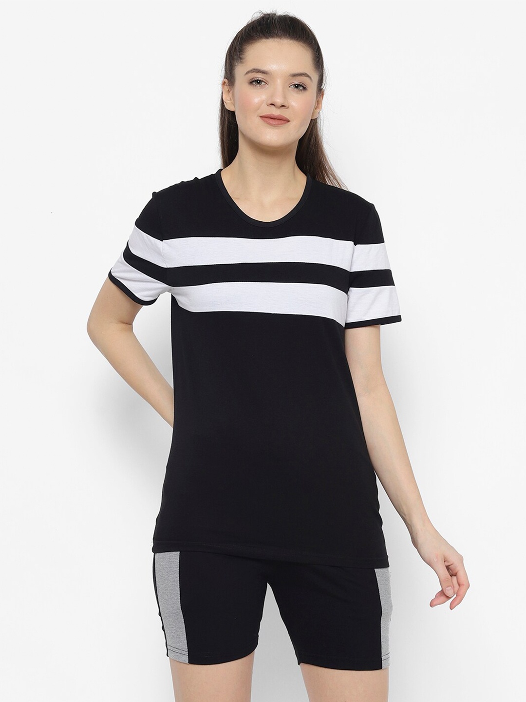 

VIMAL JONNEY Women Black & White Striped Cotton Night Suit
