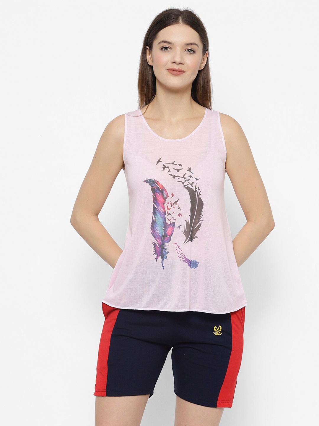 

VIMAL JONNEY Women Pink & Navy Blue Printed Night Suit