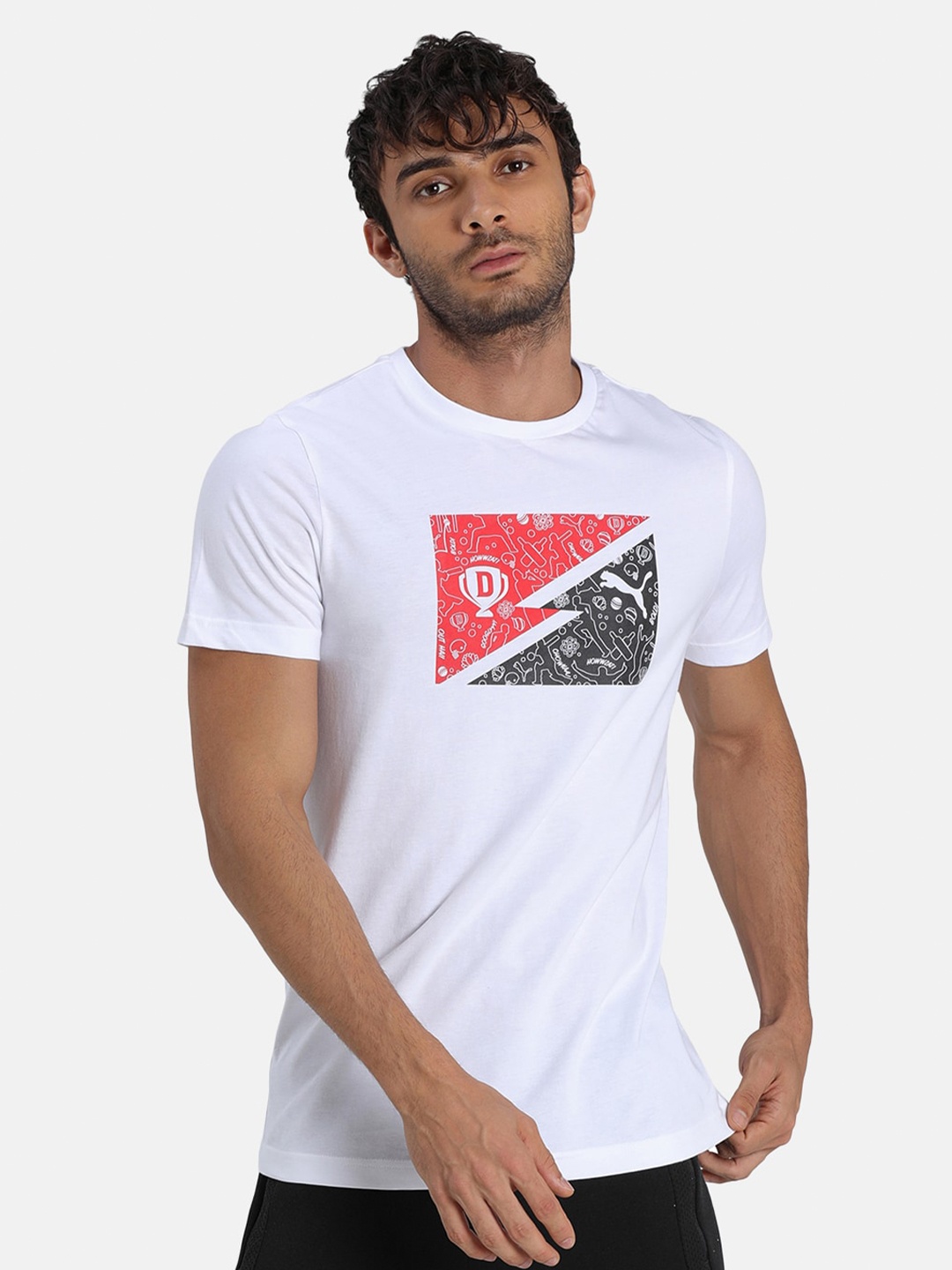 

Puma Men White Printed Round Neck Cotton T-shirt