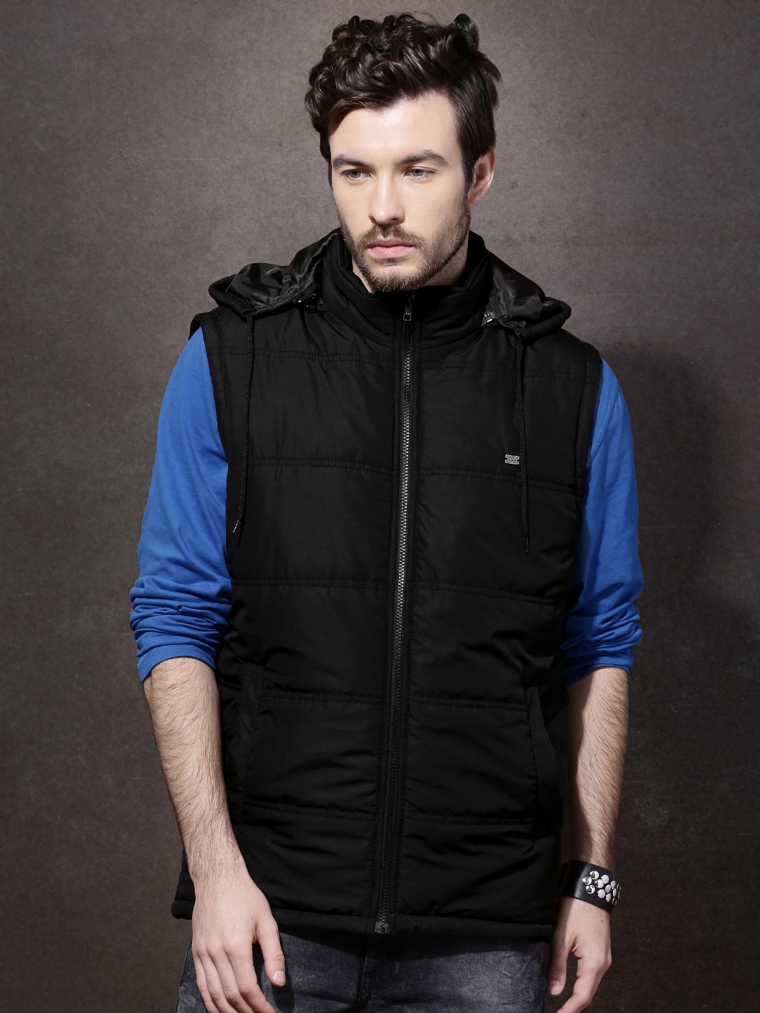 

Roadster Black Sleeveless Padded Jacket with Detachable Hood