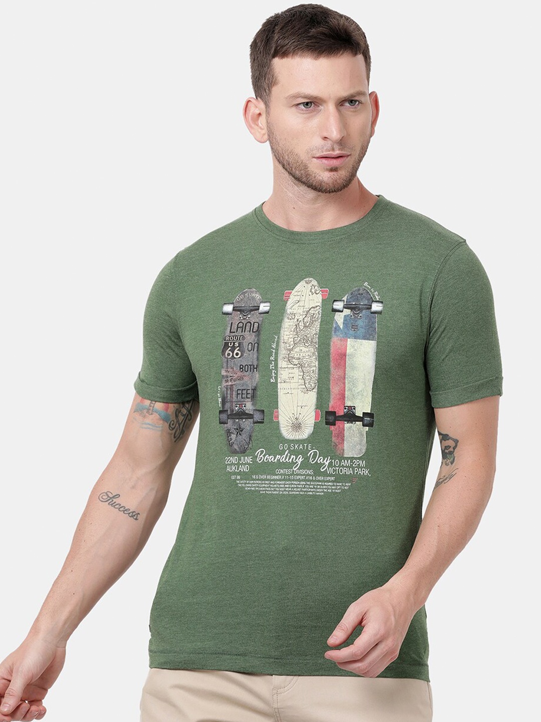 

t-base Men Green Printed Round Neck Cotton T-shirt