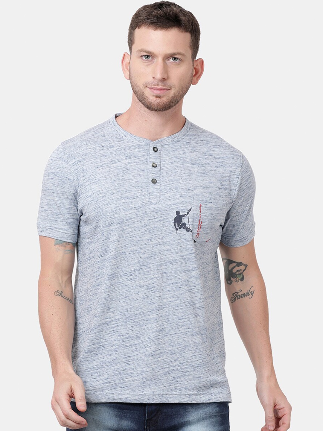 

t-base Men Blue Printed Henley Neck Cotton T-shirt