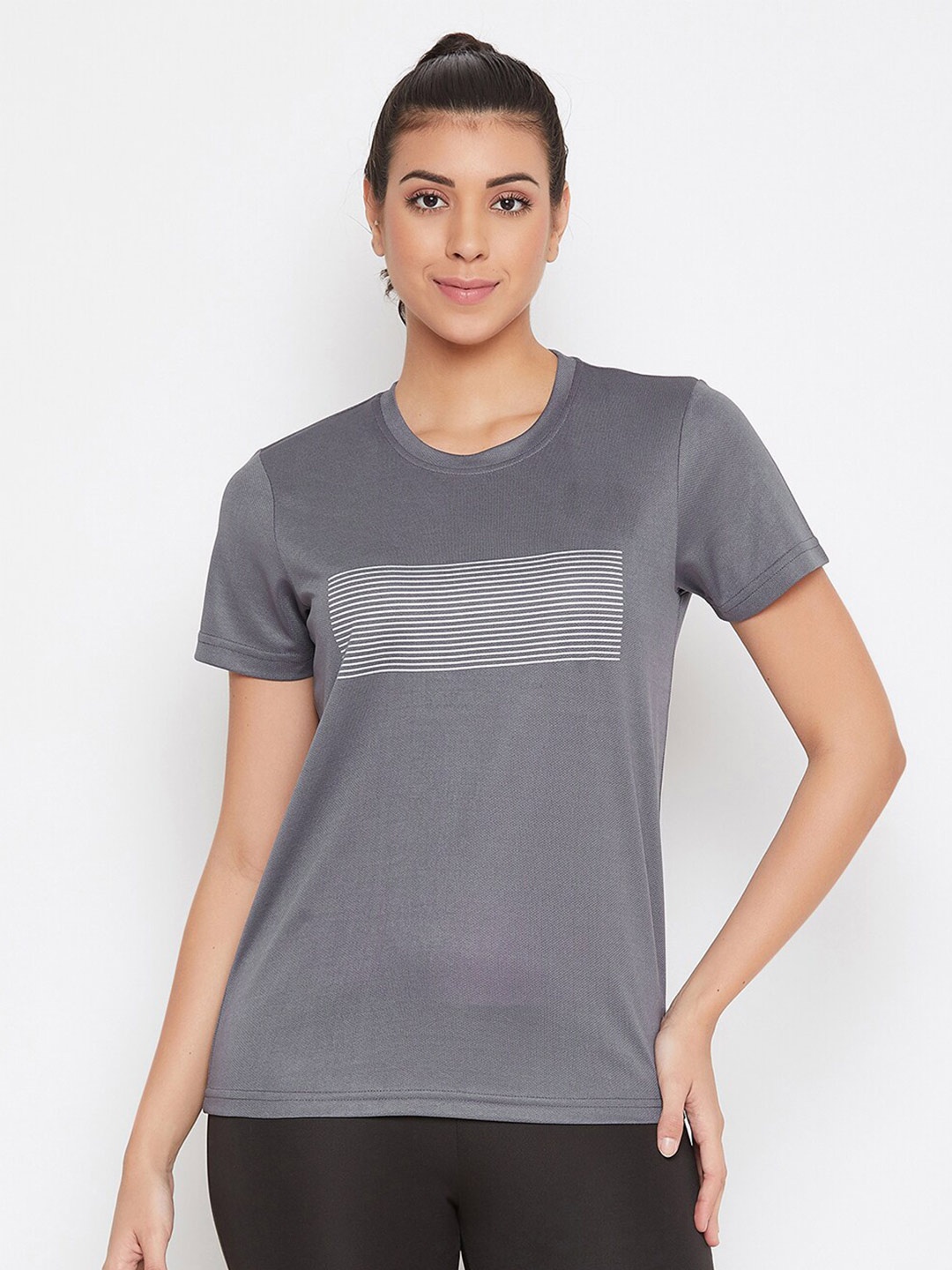 

Clovia Women Grey & White Striped Slim Fit Round Neck T-shirt