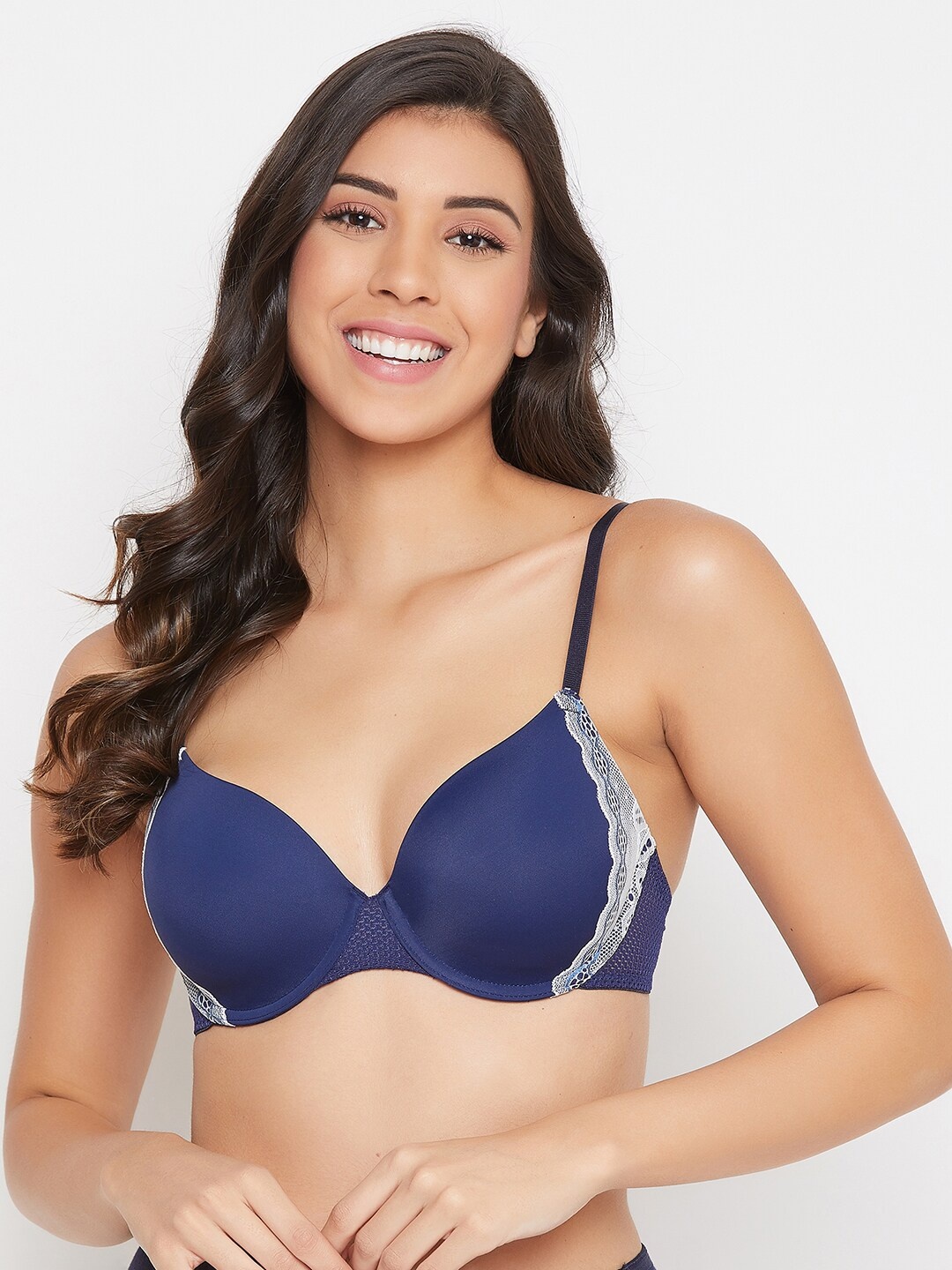 

Clovia Navy Blue & White Lace Underwired Lightly Padded T-shirt Bra BR2212P0832E