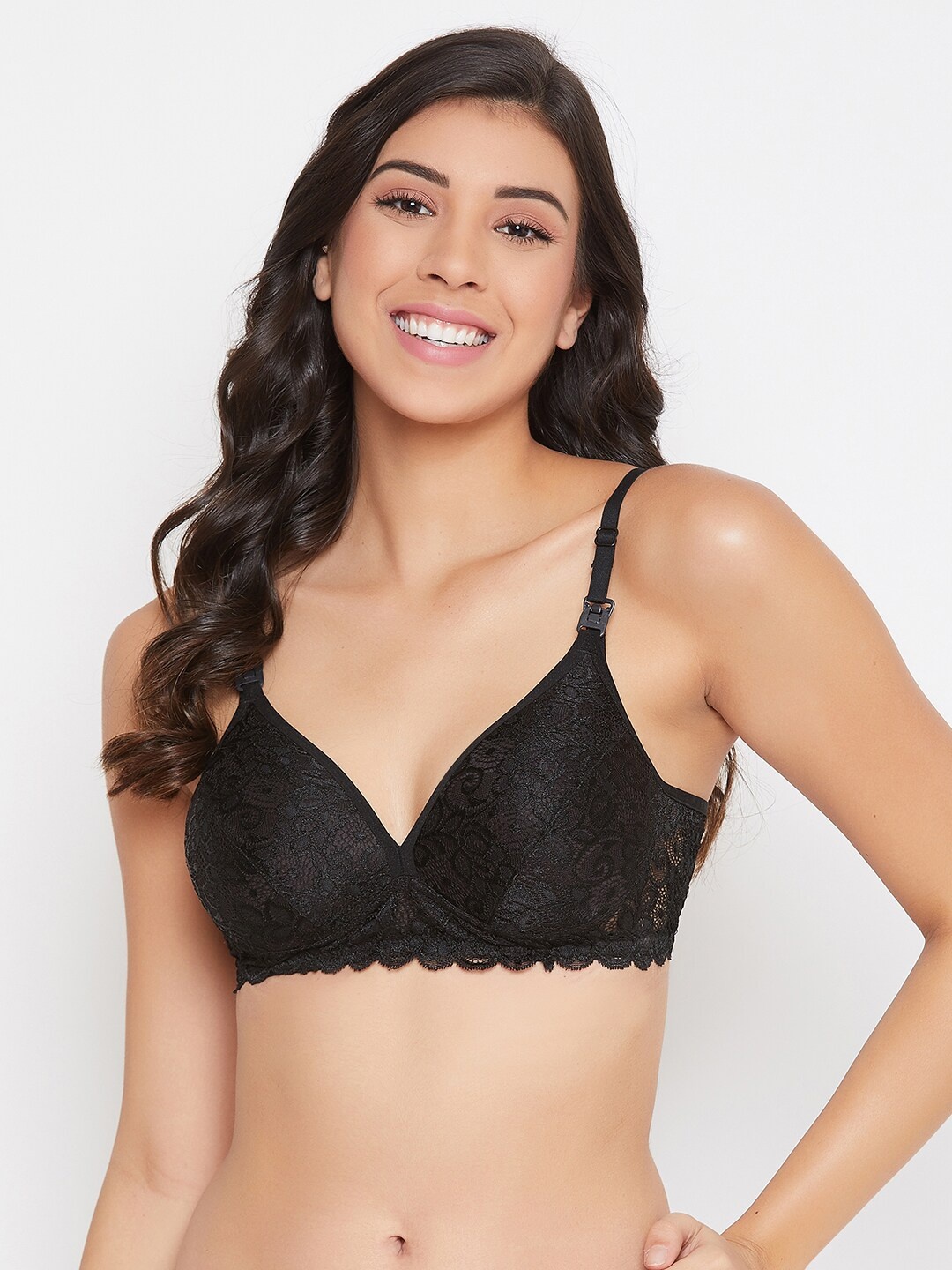 

Clovia Black Lace Non-Wired Lightly Padded Maternity Bra BR2200P1342B