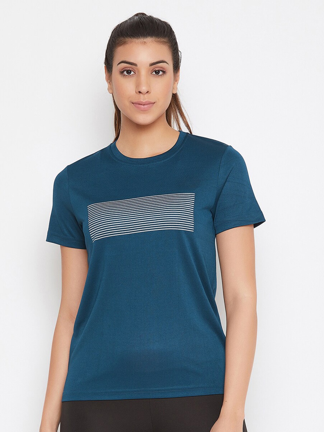 

Clovia Women Teal Blue & White Striped Printed Slim Fit T-shirt