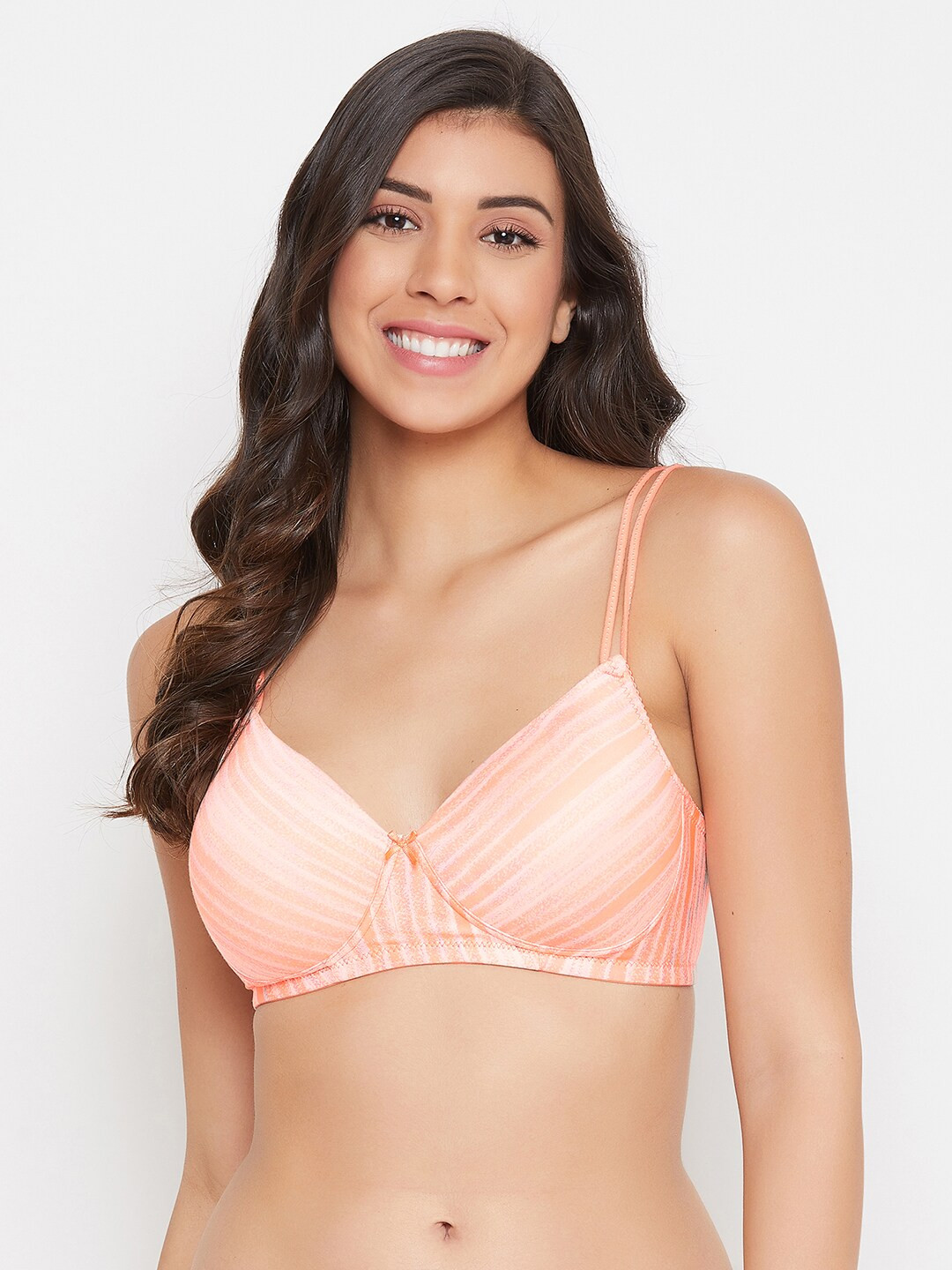 

Clovia Peach-Coloured Printed Non-Wired Lightly Padded T-shirt Bra BR1067U2236E