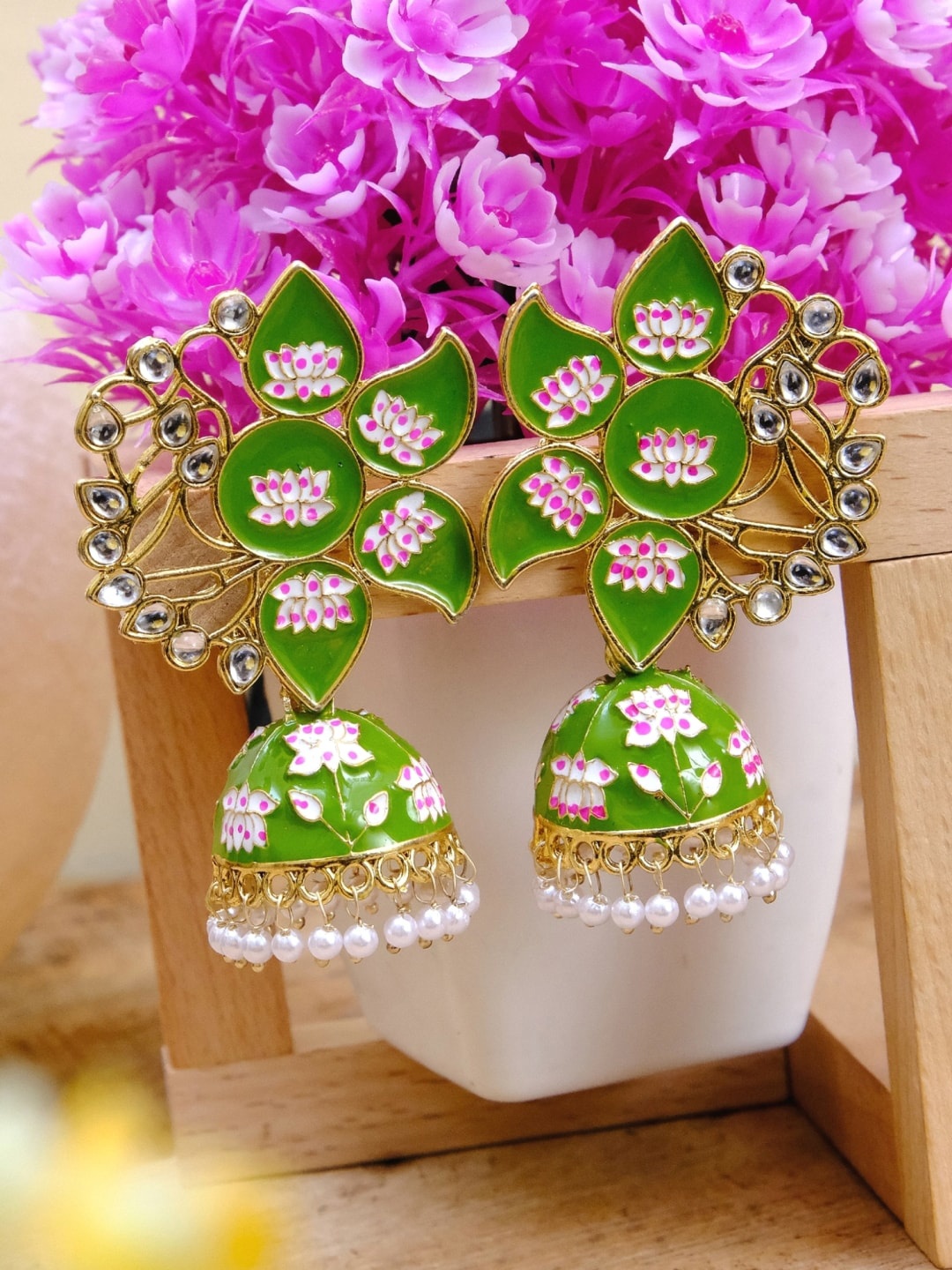 

Crunchy Fashion Gold Plated & Green Lotus Enamelled Jhumkas