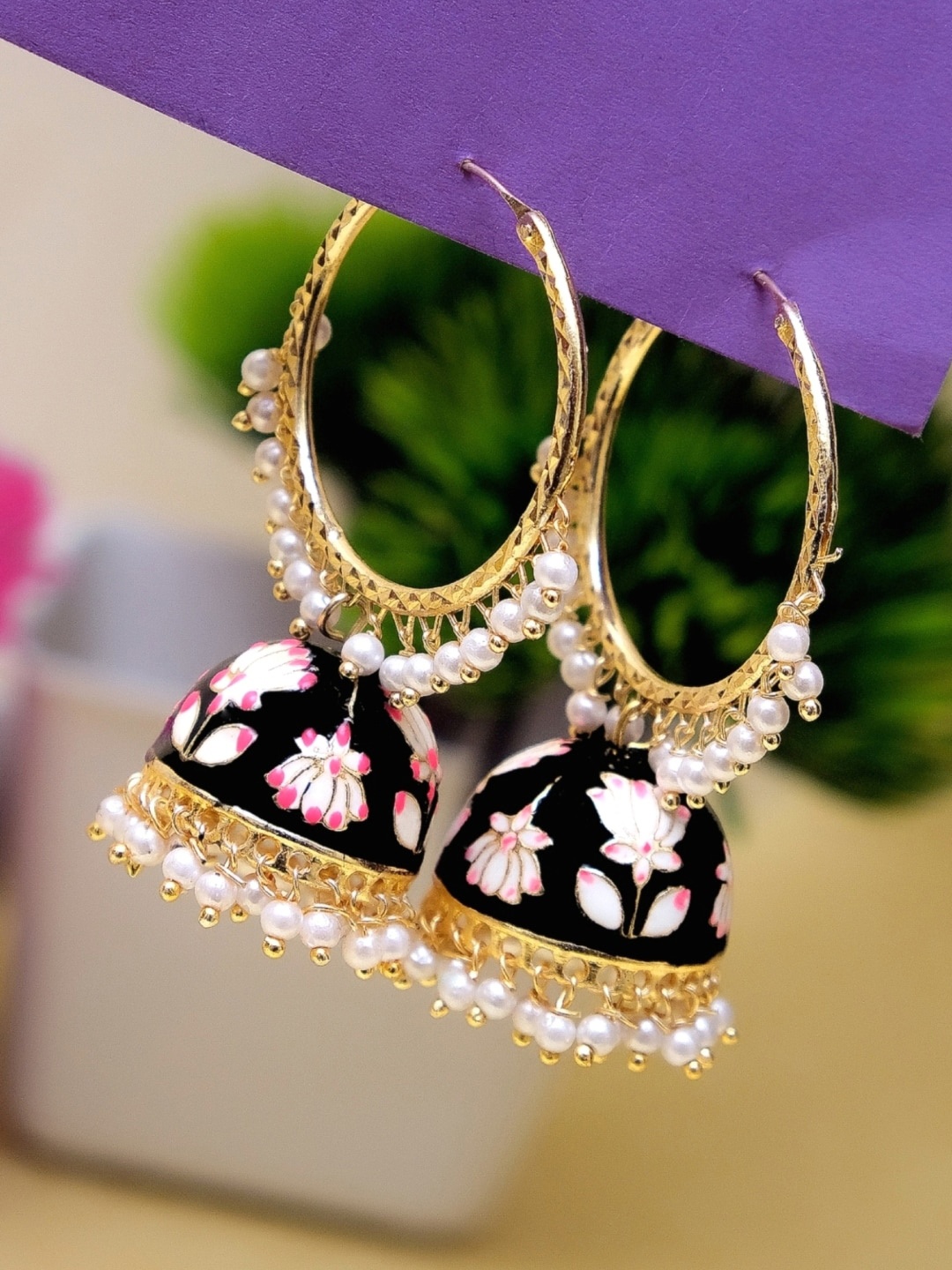 

Crunchy Fashion Black & Gold-Plated & Black Enamelled Jhumkas