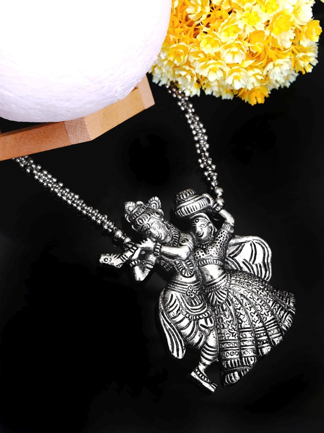 

Crunchy Fashion Women Silver Krishan Radha Heavy Pendant Necklace