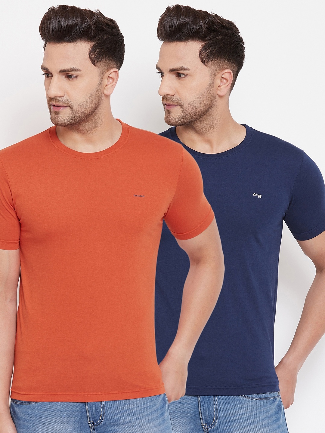 

Okane Men Pack Of 2 Solid Round Neck T-shirts, Orange