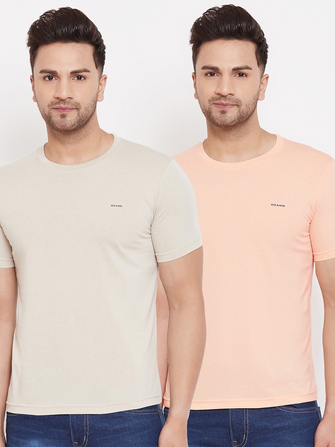 

Okane Men Pack Of 2 Solid Round Neck T-shirts, Peach