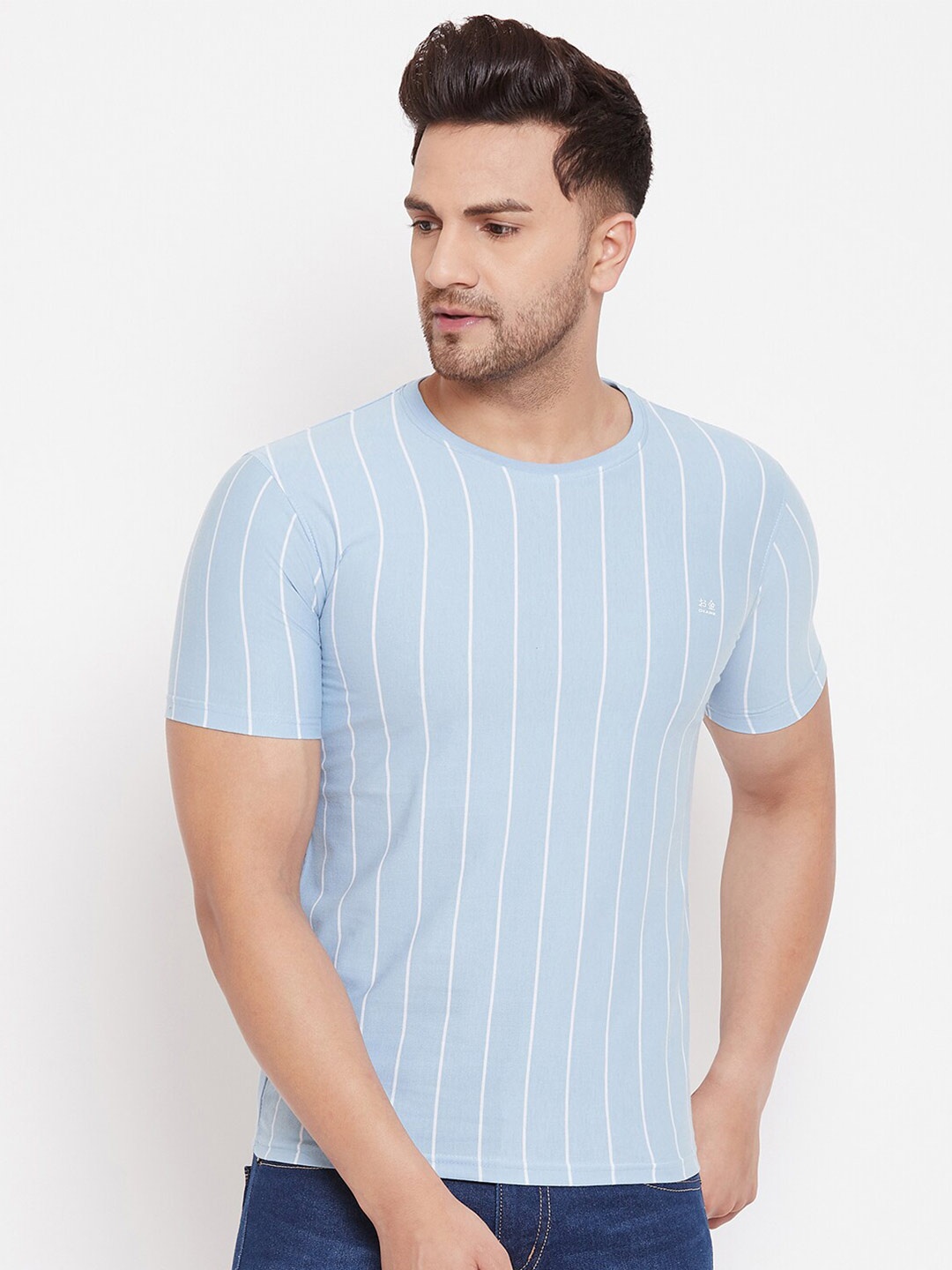 

Okane Men Blue Striped Round Neck T-shirt