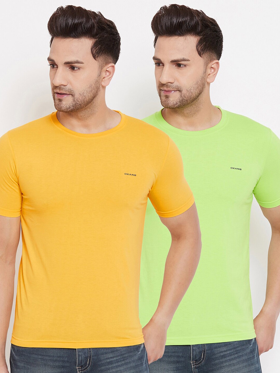 

Okane Men Pack Of 2 Solid Round Neck T-shirts, Yellow