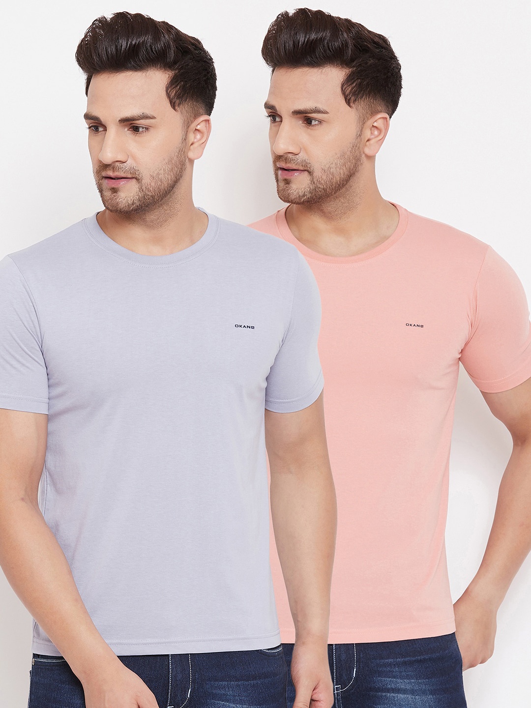 

Okane Men Pack Of 2 Solid Round Neck T-shirts, Pink